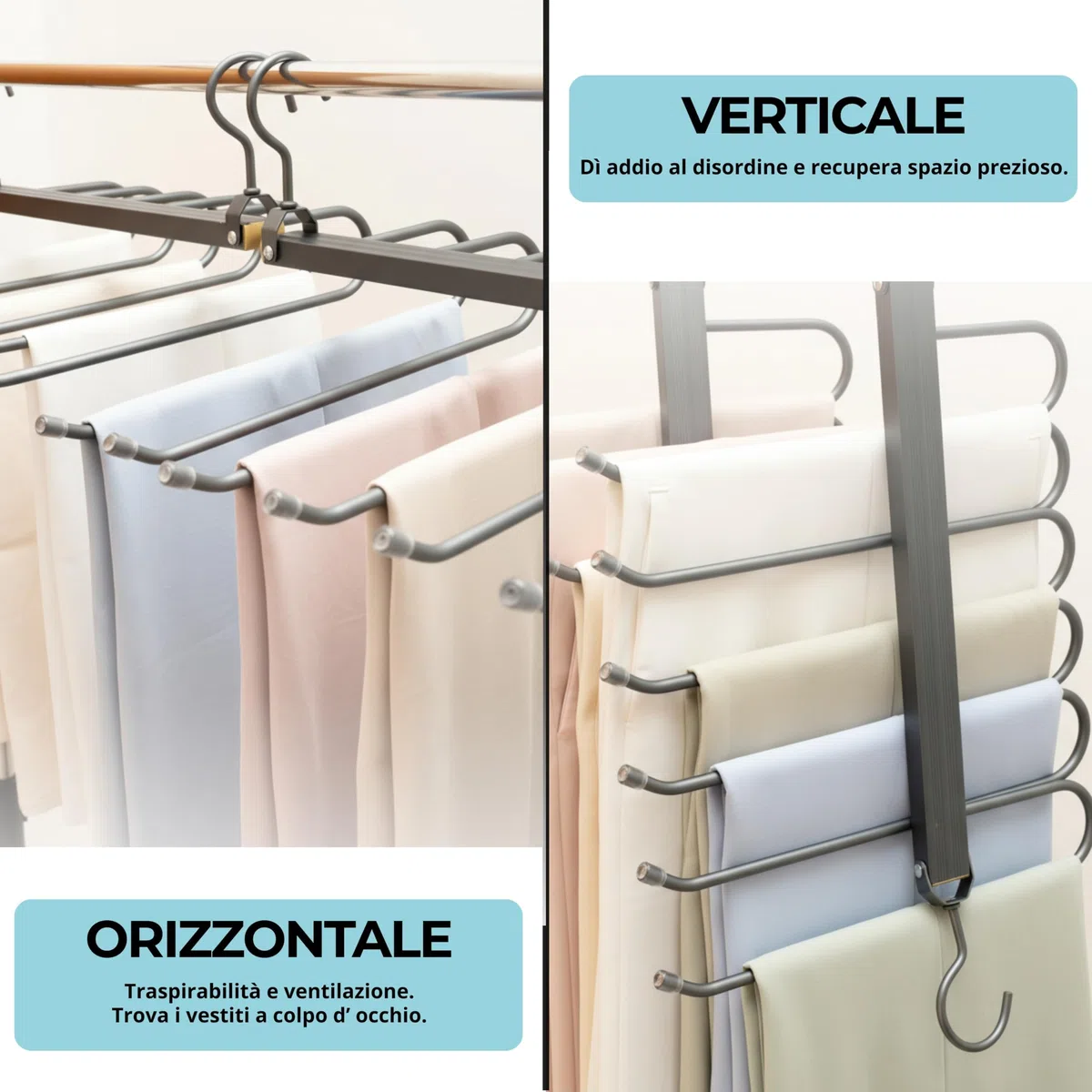 BAILIWANG - Grucce pantaloni 6 in 1,salvaspazio, 2 pezzi, organizer per borse cinture cravatte, appendiabiti, grucce per pantaloni, grucce salvaspazio