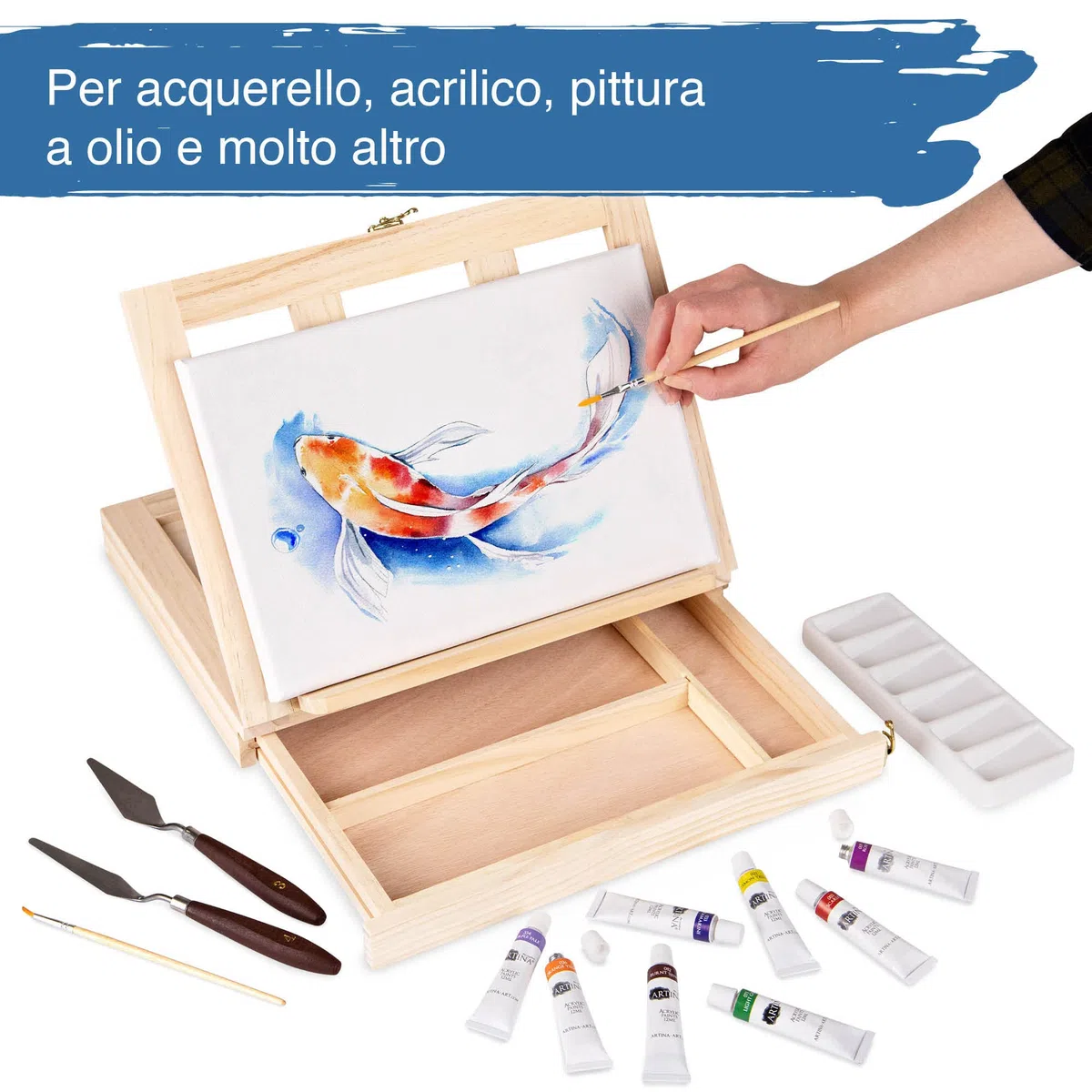 Artina Kit pittura Milano con cavalletto da tavolo tela pittorica 20x30cm colori acrilici pennelli spatoline e tavolozza - set da pittura completo