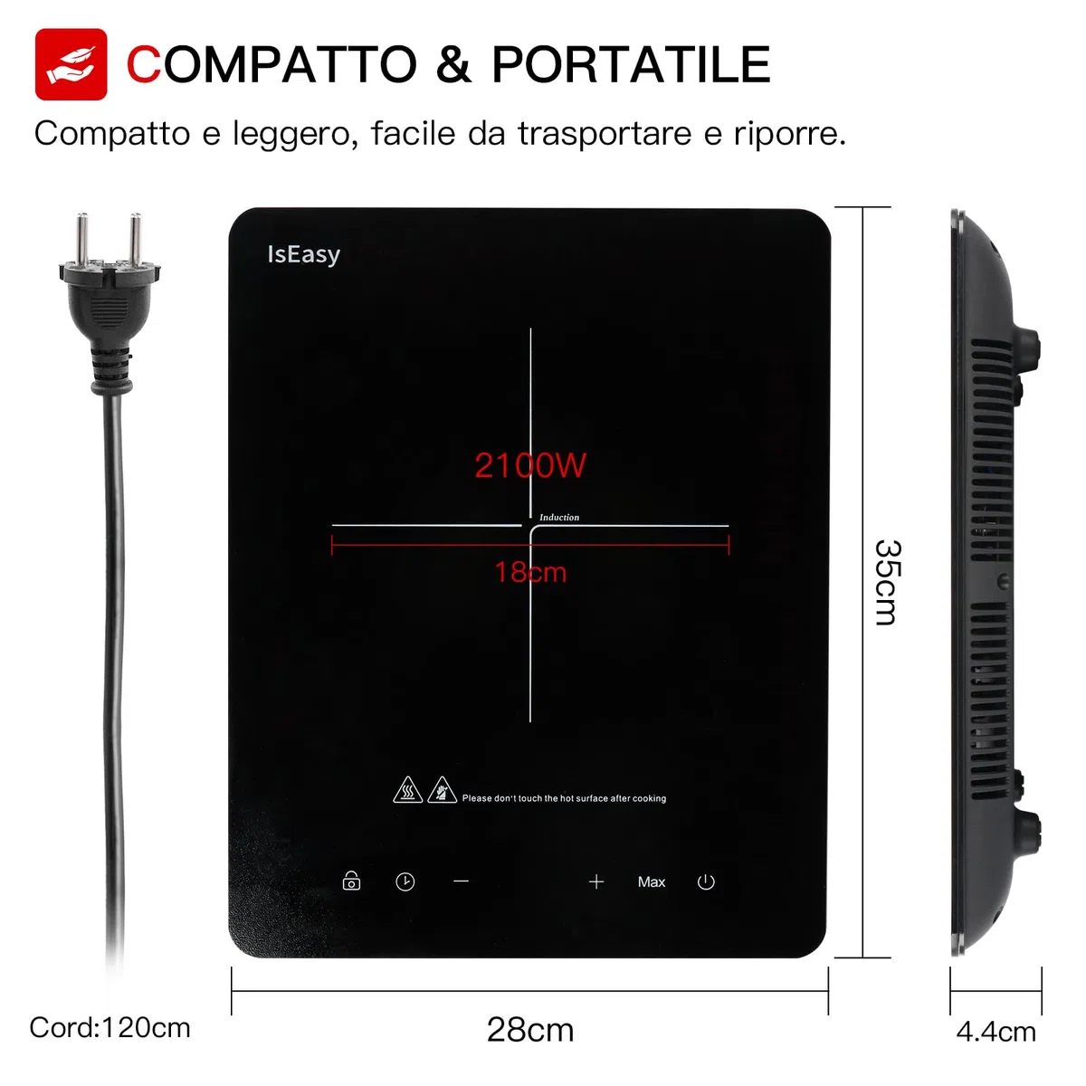 Piastra ad induzione, design portatile ultrasottile, controllo touch sensor e blocco di sicurezza, 2100W