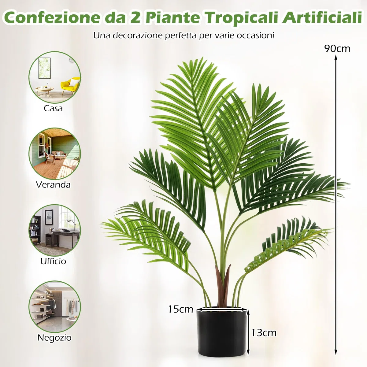 COSTWAY Set di 2 Piante Artificiali di Palma 90 CM/140 CM, Pianta Finta in Vaso da Interno ed Esterno, Decorazione Moderna per Soggiorno, Veranda, Ufficio e Negozio (90 cm)