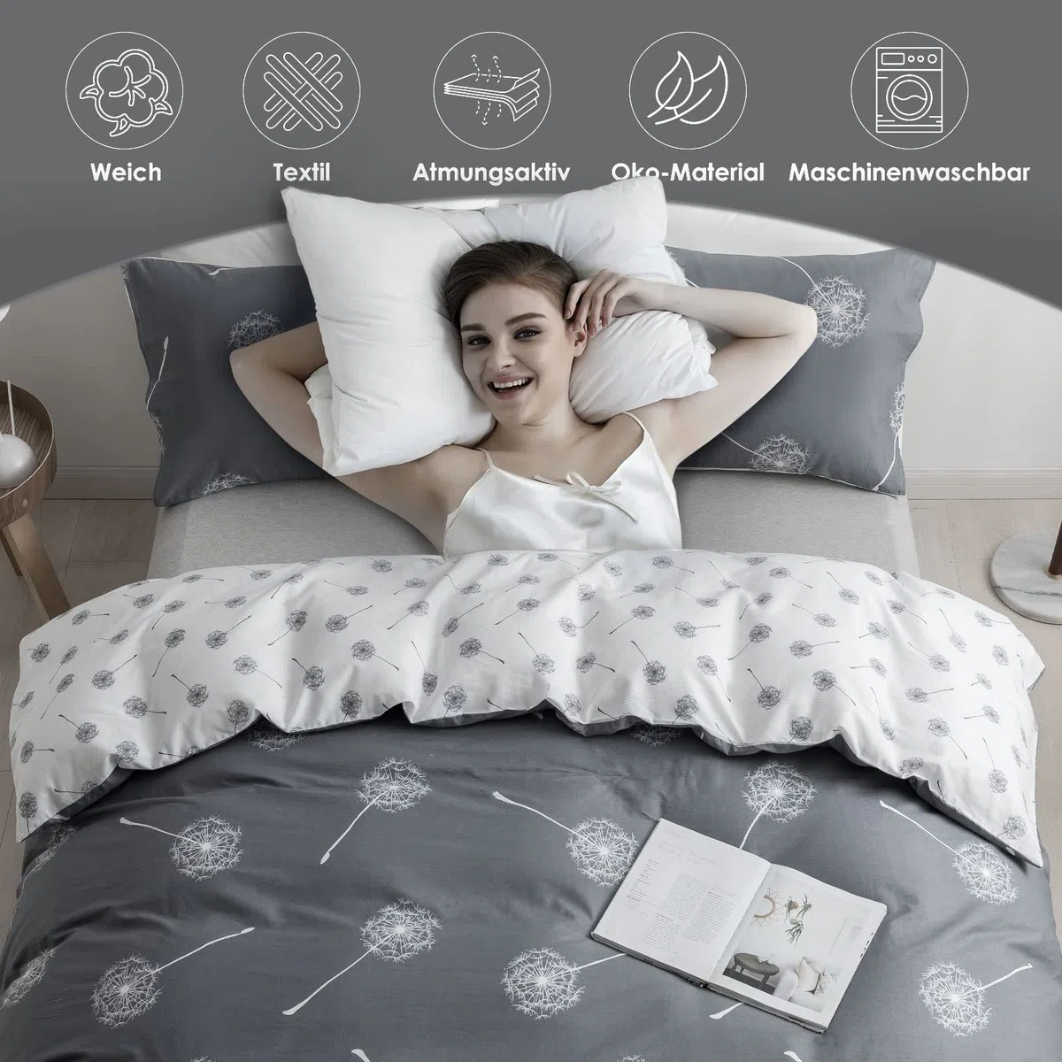 KEAYOO Biancheria da letto 155 x 220 cm, in cotone, per l'inverno fino all'estate, colore grigio, bianco, con motivo a leone, 100% cotone, Soft Touch con chiusura lampo, set da 2 pezzi
