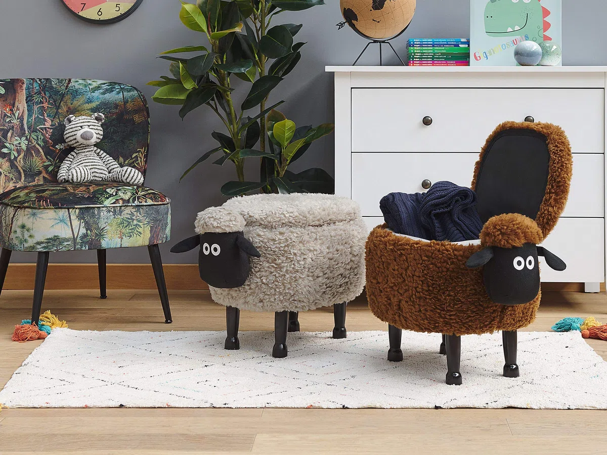 Beliani Pouf Contenitore per Bambini Finta Pelliccia Grigia con Gambe Legno