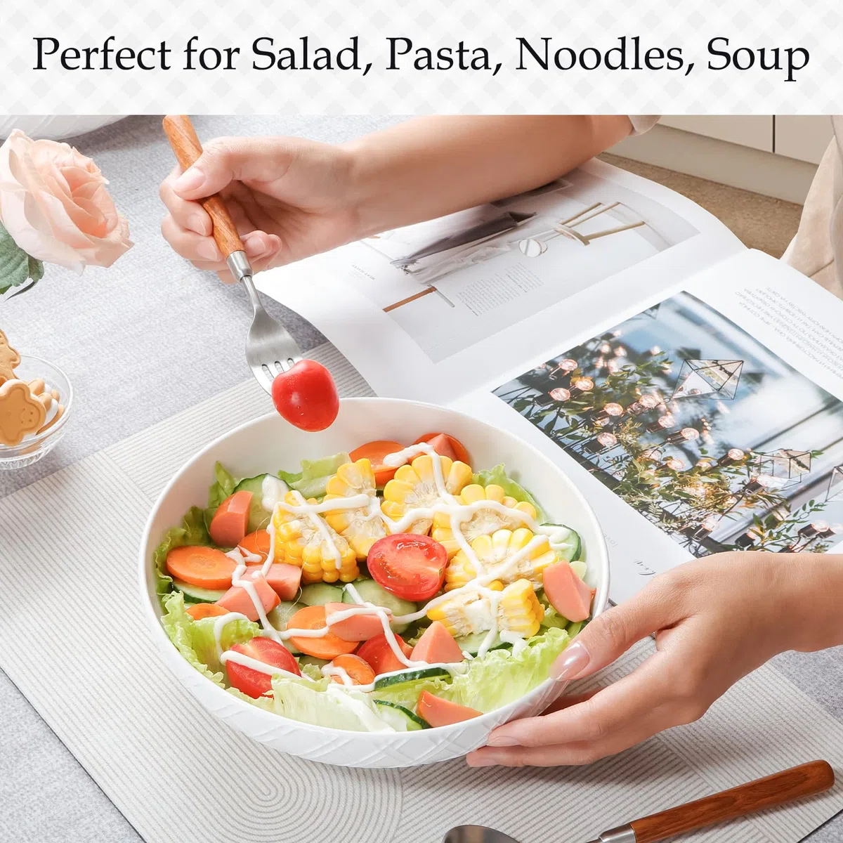 NUTRIUPS 20.6cm Set di 4 Ciotole per Pasta, 1200ML Ciotole per Cena Bianche, Ciotole per Pasta Profonde in Ceramica, Ciotole per Insalata - Sicure per Microonde e Lavastoviglie