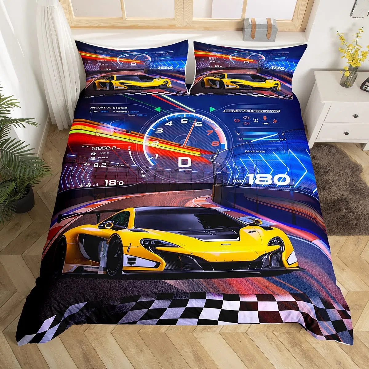 Homemissing Set di Biancheria da Letto con Auto Sportiva Blu e Gialla, Misura Letto Singolo, Auto da Corsa ad Alta Velocità, con 1 Federa con Cerniera