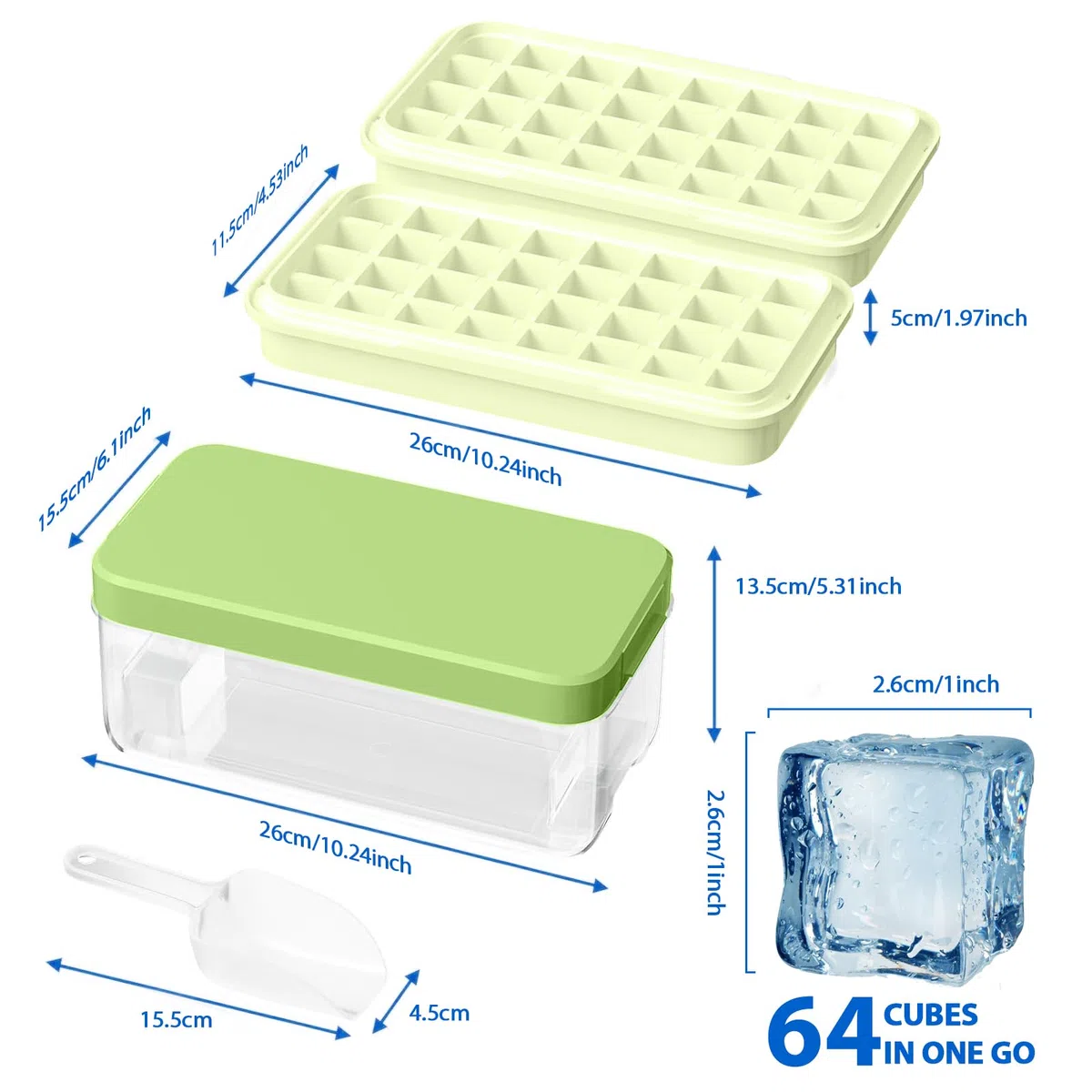 Vassoi per cubetti di ghiaccio con coperchio, stampo per cubetti di ghiaccio a 64 griglie - senza BPA, vaschette per cubetti di ghiaccio quadrate con rilascio facile in un secondo (Verde, 2 livelli)
