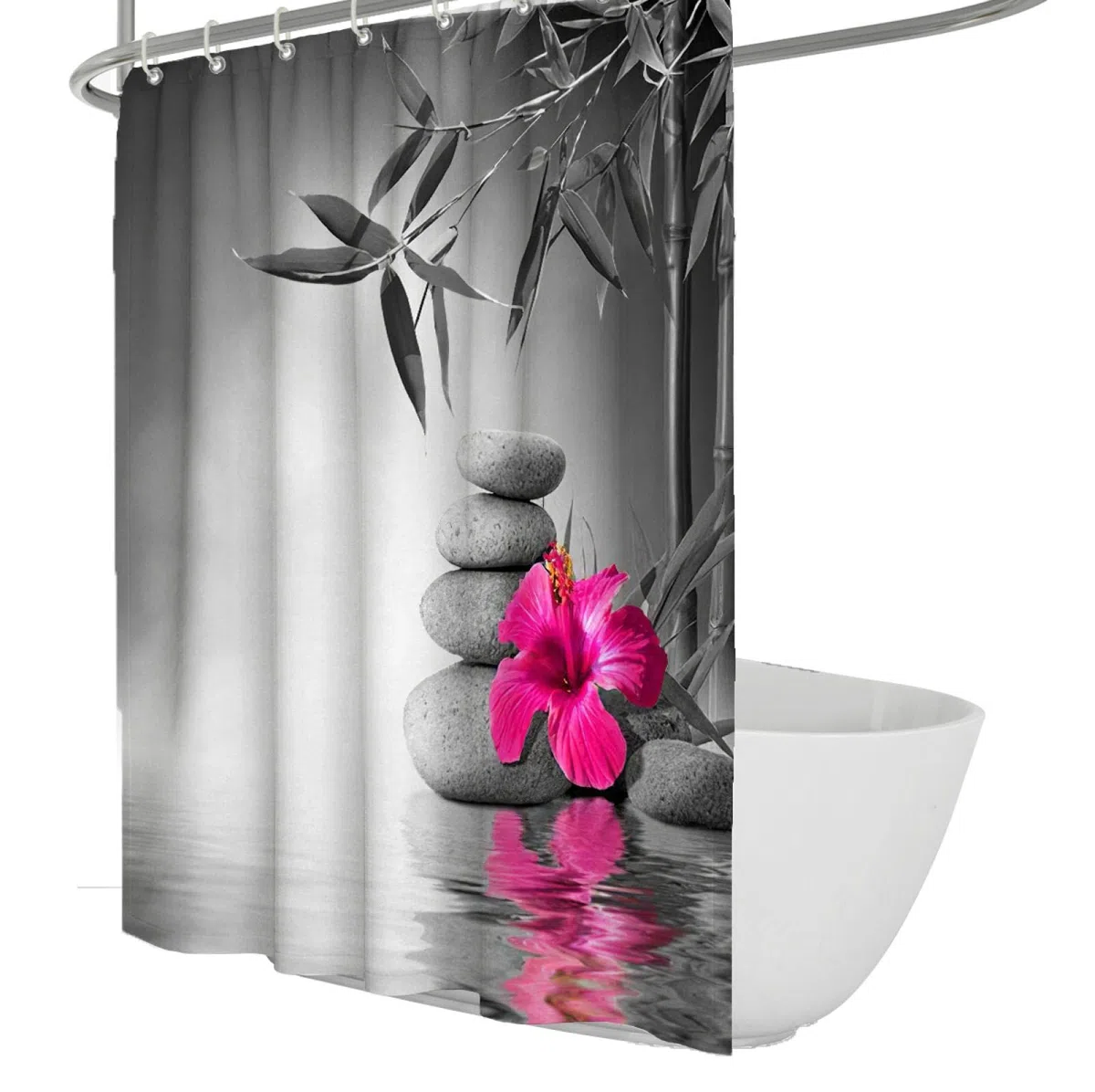 RIVINE Tenda da doccia spa in bianco e nero Set Stone Green Bambù viola Fiore di loto riflesso in acqua Bagno Vasca da bagno Home Decor W100xL160cm