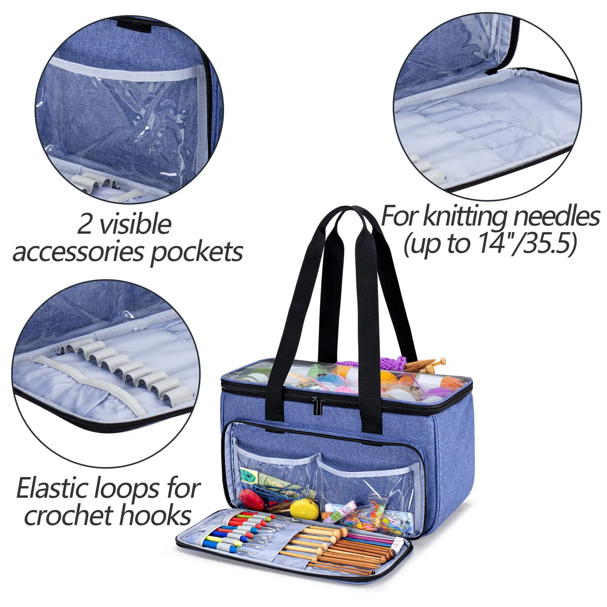 Yarwo Borsa per Lavoro a Maglia e Uncinetto, Borse da Trasporto per Lana Gomitolo e Ferri da Maglia, con Tasca per Progetti Incompiuti, Blu(SOLO BORSA)