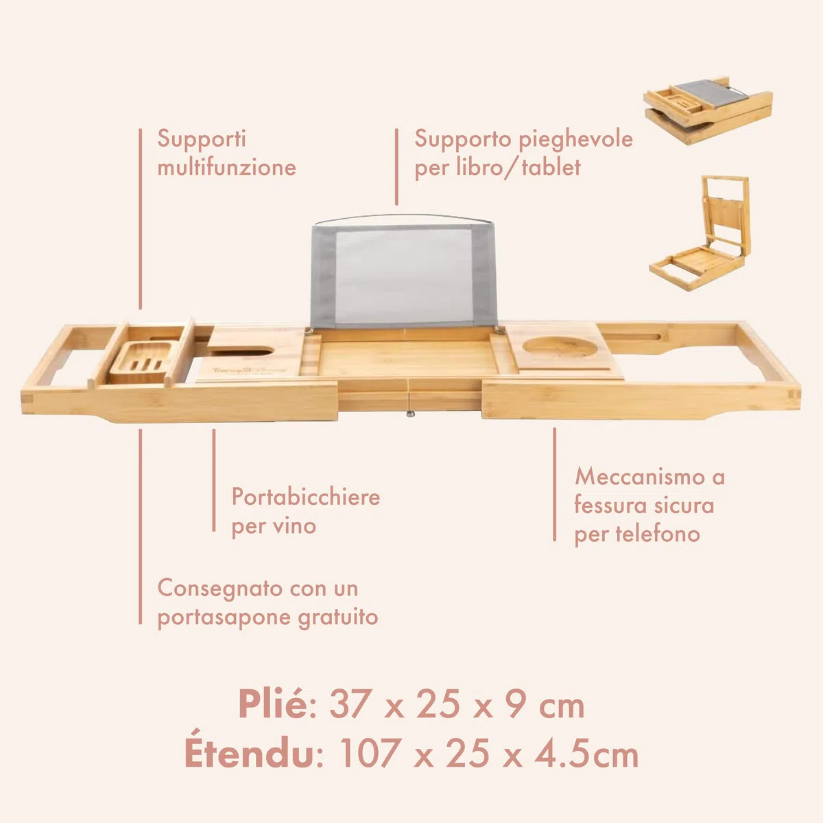 TranquilBeauty Tavola da bagno in bambù naturale sostenibile, con meccanismo a fessura sicuro per iPad, tablet e telefono | lusso allungabile sopra il vassoio da bagno con supporto per vino