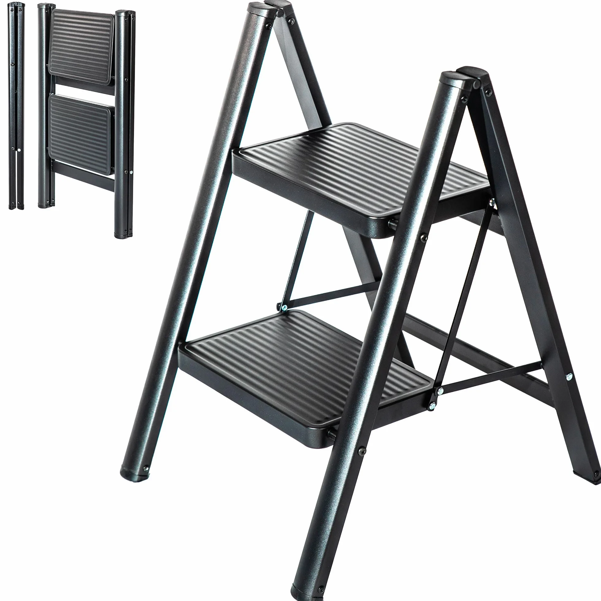 HOSTRÖM Scaletta 2 gradini FOLDPACT2, Sgabello scala pieghevole, Design ultracompatto, Gradini 17,5 cm, Acciaio, Ripiano temporaneo, Garanzia 5 anni.