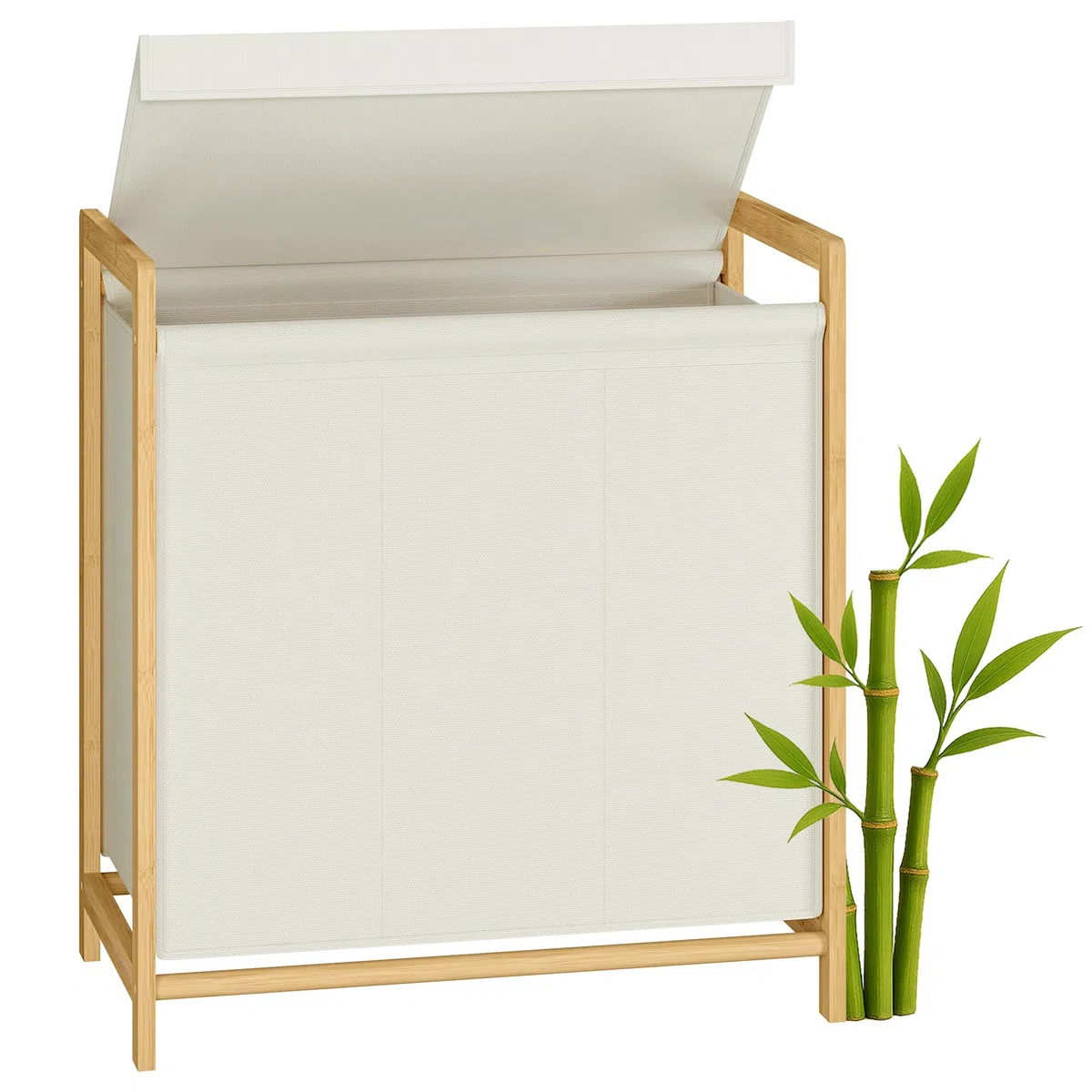 SONGMICS Cesto Portabiancheria 3 Scomparti, Cesta Porta Biancheria Sporca, Struttura in Bambù, Coperchio Rinforzato e Rimovibile, Sacco Rimovibile, 150 L, Bianco Crema RLH103WD01