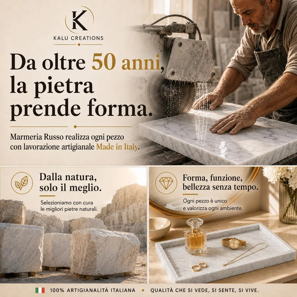 Vassoio in Travertino Naturale Kalu Creations - Vassoio Bagno Portaoggetti Decorativo, Porta Profumi e Candele - Organizer Bagno Pietra - Made in Italy - 20 x 15 cm