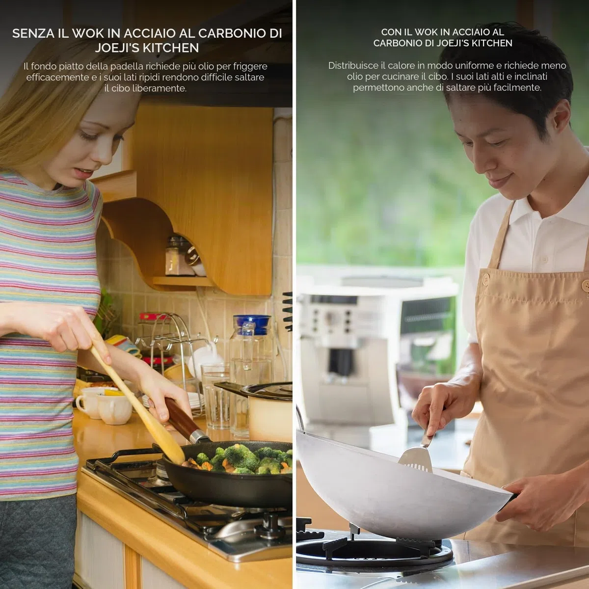 Joeji's Kitchen Wok in acciaio al carbonio 35 cm - Fondo tondo - Manico in legno rimovibile - Stile tradizionale martellato a mano - Padella Wok cinese robusta e pesante - Perfetta per piatti asiatici