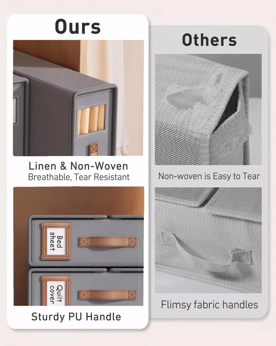 Lino Organizer Lenzuola per Armadio, 3 Scatola Organizer per Biancheria Pieghevole con Cerniera e finestra, Scatole Per Rigide da Letto per Lenzuola, Copripiumini, Vestiti e Coperte, Beige