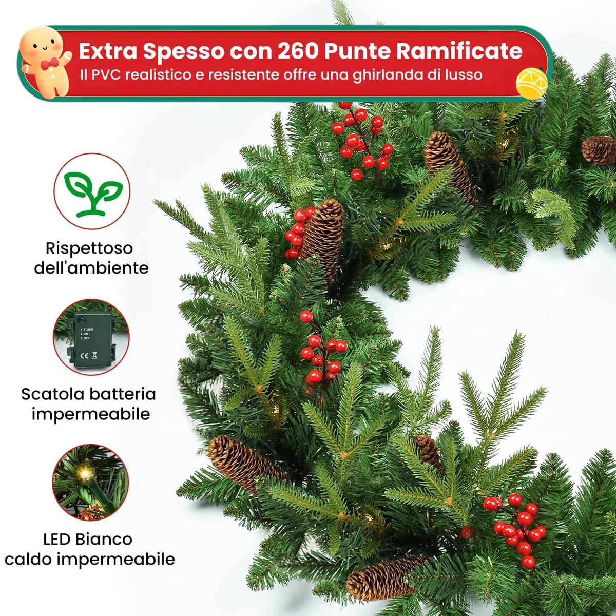 Ghirlanda Natalizia, 2.7M Ghirlanda di Natale per Porta Decorativa, Ghirlanda di Natale Artificiale con Luci 30 LED, Festone Natalizio Luminosa Adatto per Scale, Camino, Pareti, Esterno