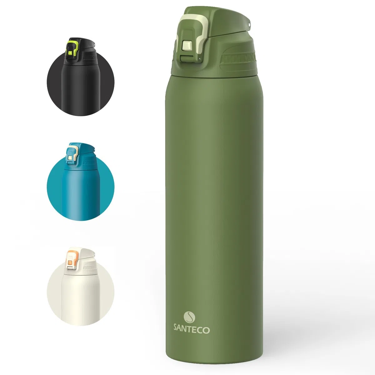 Santeco, borraccia con blocco di sicurezza anti-perdita, thermos in acciaio inossidabile da 1,5 l, senza BPA, con borsa da trasporto, bottiglia termica per acqua, adatta per il lavaggio in