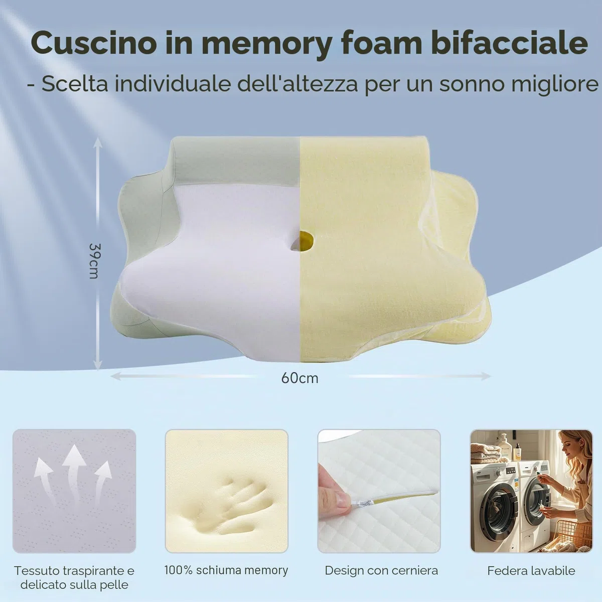 Z-hom Cuscino Cervicale, Memory Foam, 39 x 60 x 10/12 cm comodo cuscino cervicale per dormire, ideale per chi dorme sul fianco, Federa Sfoderabile e Lavabile