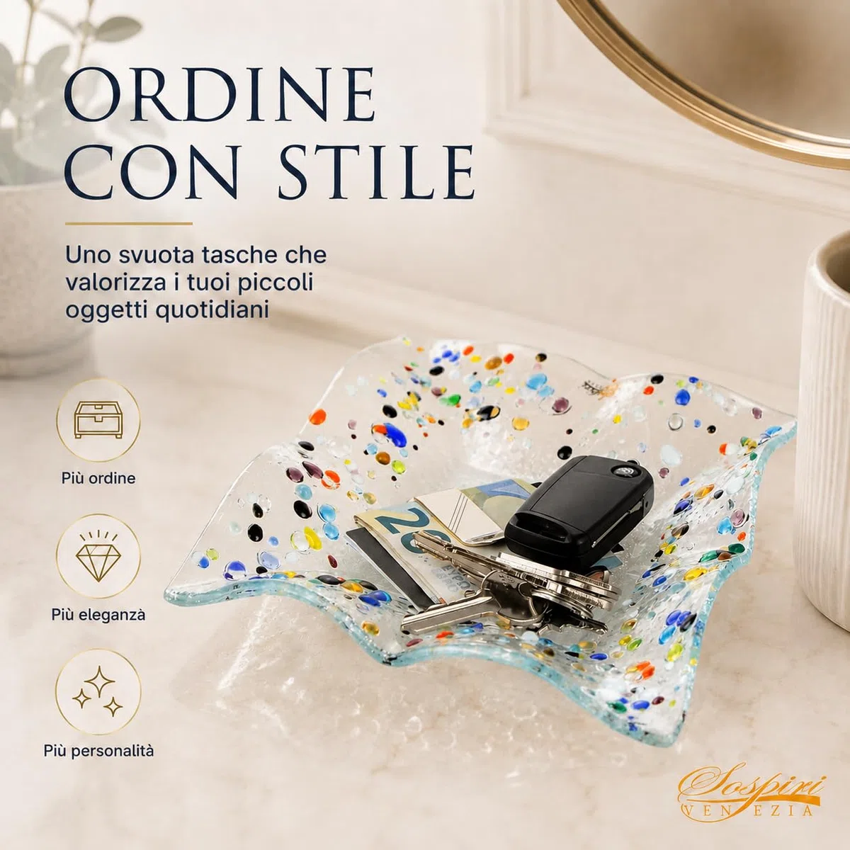 Sospiri Venezia - Svuotatasche Vetro Murano Decorato a Mano Soprammobile Casa- Idea Regalo Cerimonia Bomboniera con Scatola Elegante (18,5x18,5 cm, Quadrato)