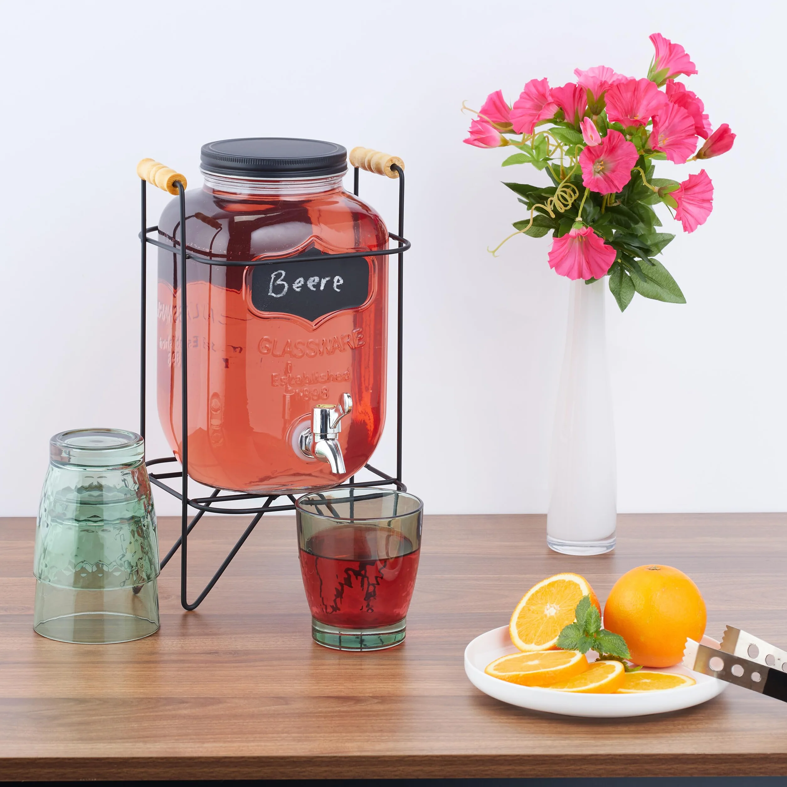 Relaxdays Dispenser in Vetro per Bevande, Erogatore 4 L Rubinetto, Coperchio e Supporto, Distribuitore Acqua e Limonata