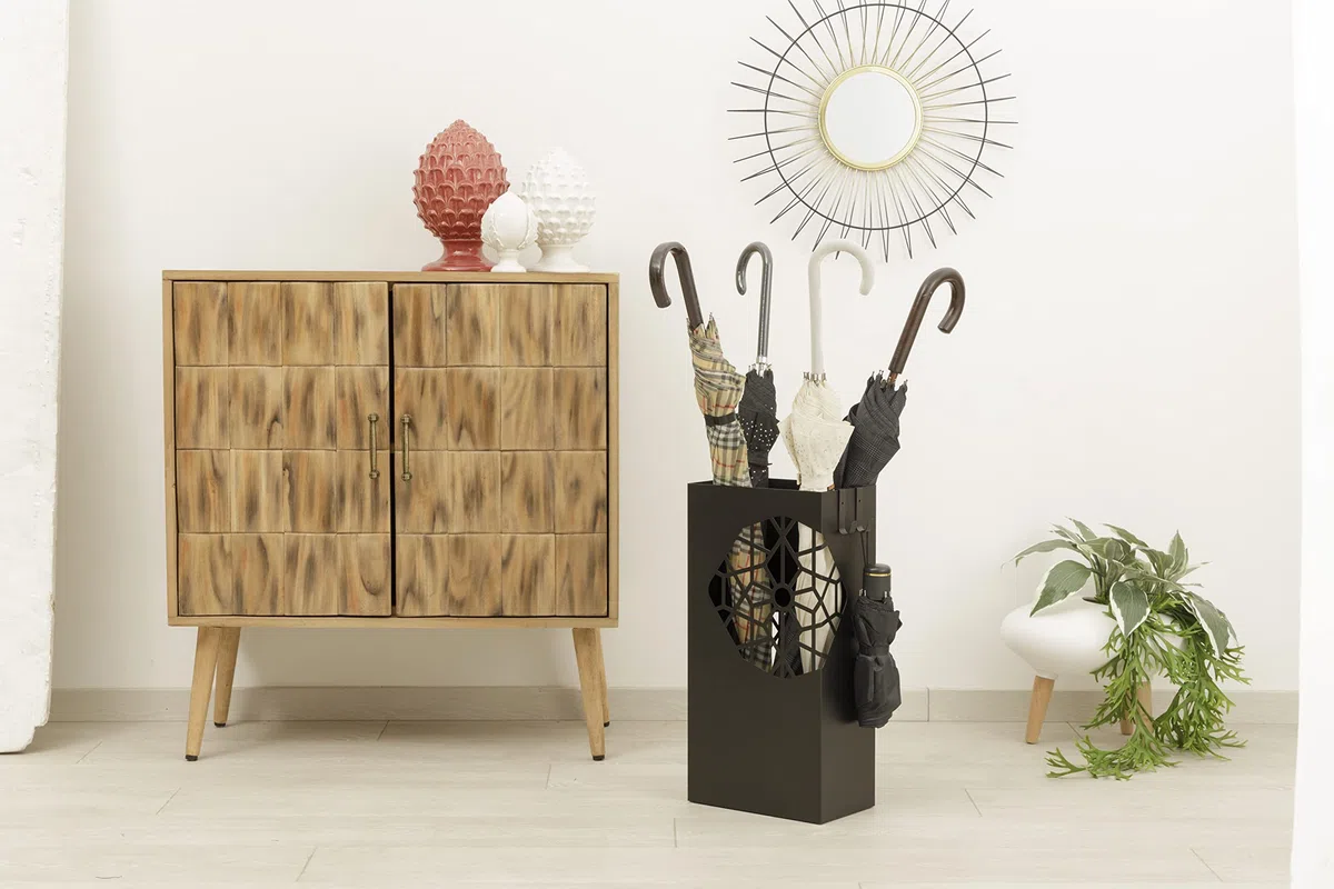 Baroni Home Portaombrelli Design Moderno in Metallo Squadrato, 2 Gancini, Vaschetta Scolapioggia Rimovibile 25x15x50 cm Nero