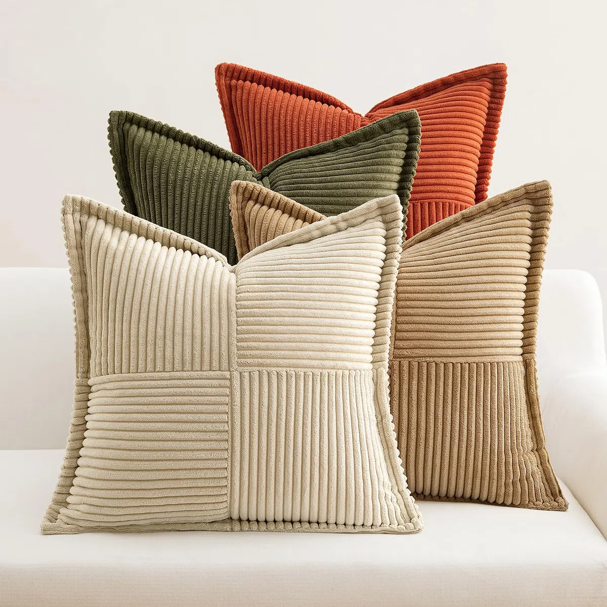 EMEMA Set di 4 federe decorative in velluto a coste, per soggiorno, camera da letto, serie marrone-verde, 45 x 45 cm