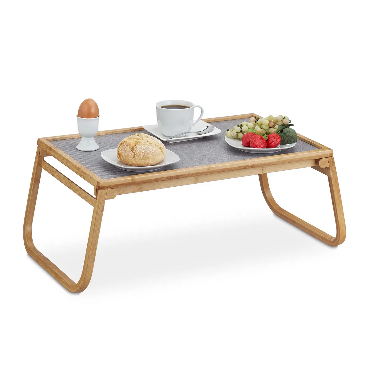 Relaxdays Vassoio Colazione a Letto, Tavolino da Letto Gambe Richiudibili Tavolinetto Bambù 23x60x33 cm, Naturale Grigio