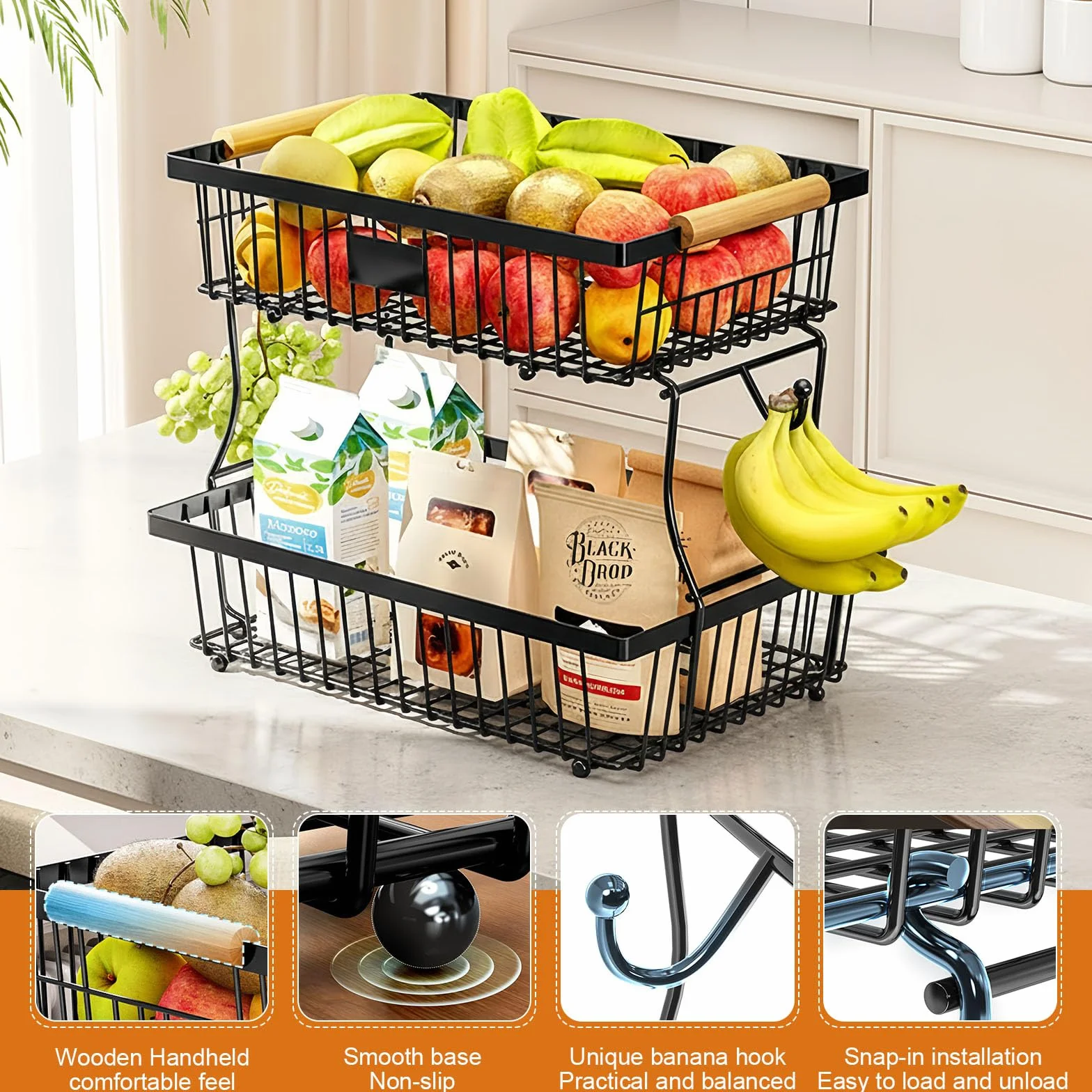 Porta Frutta da Tavolo, Portafrutta a 2 Piani, Porta Frutta Cucina con Manico in legno per Conservare Frutta,Snack e Verdura (Nero)
