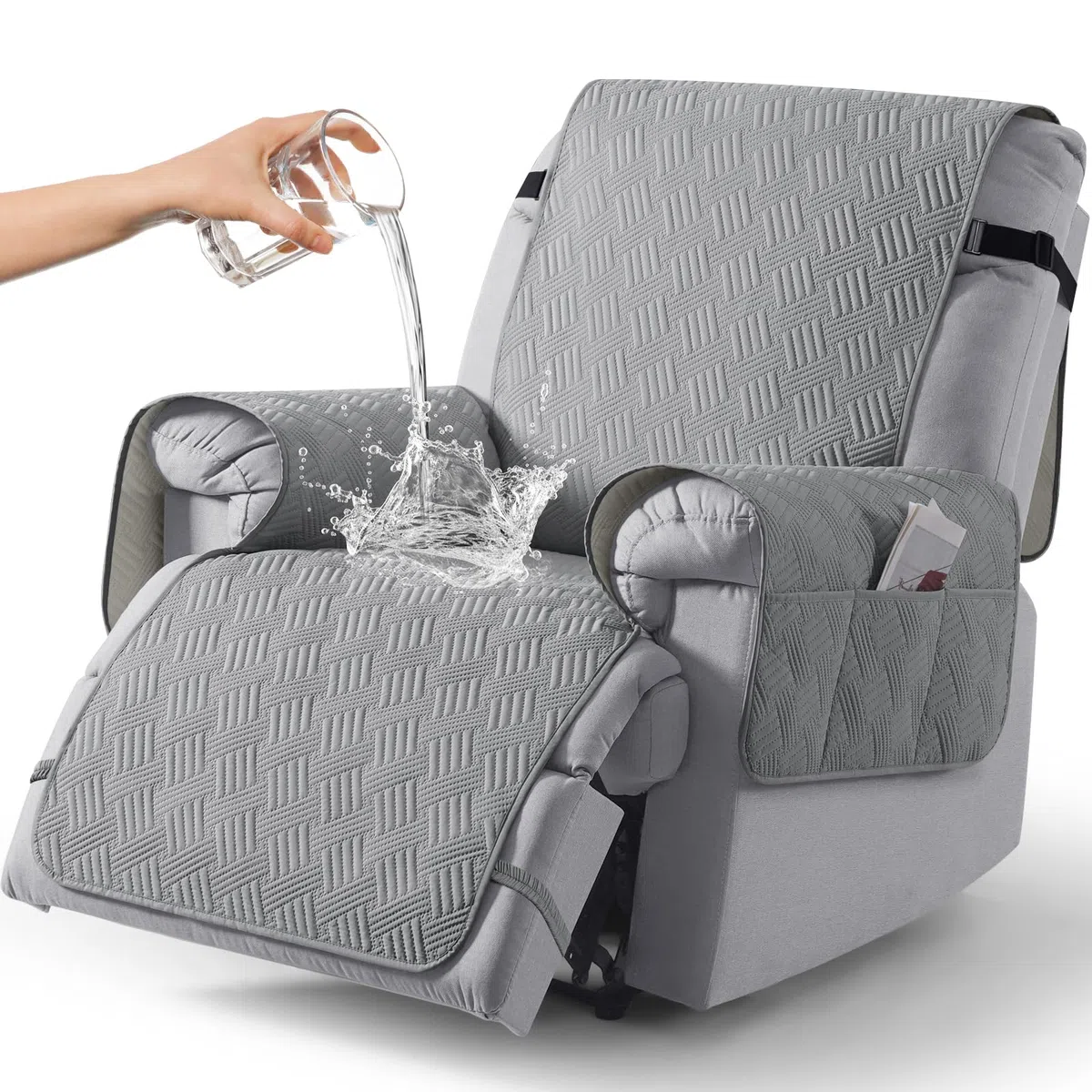 KinCam Copridivano 1 Posti Con Braccioli, Antiscivolo Tasca Copripoltrona Reclinabile, Copridivano Lavabile con Tasche Laterali e Fasce Elastiche Grigio Chiaro