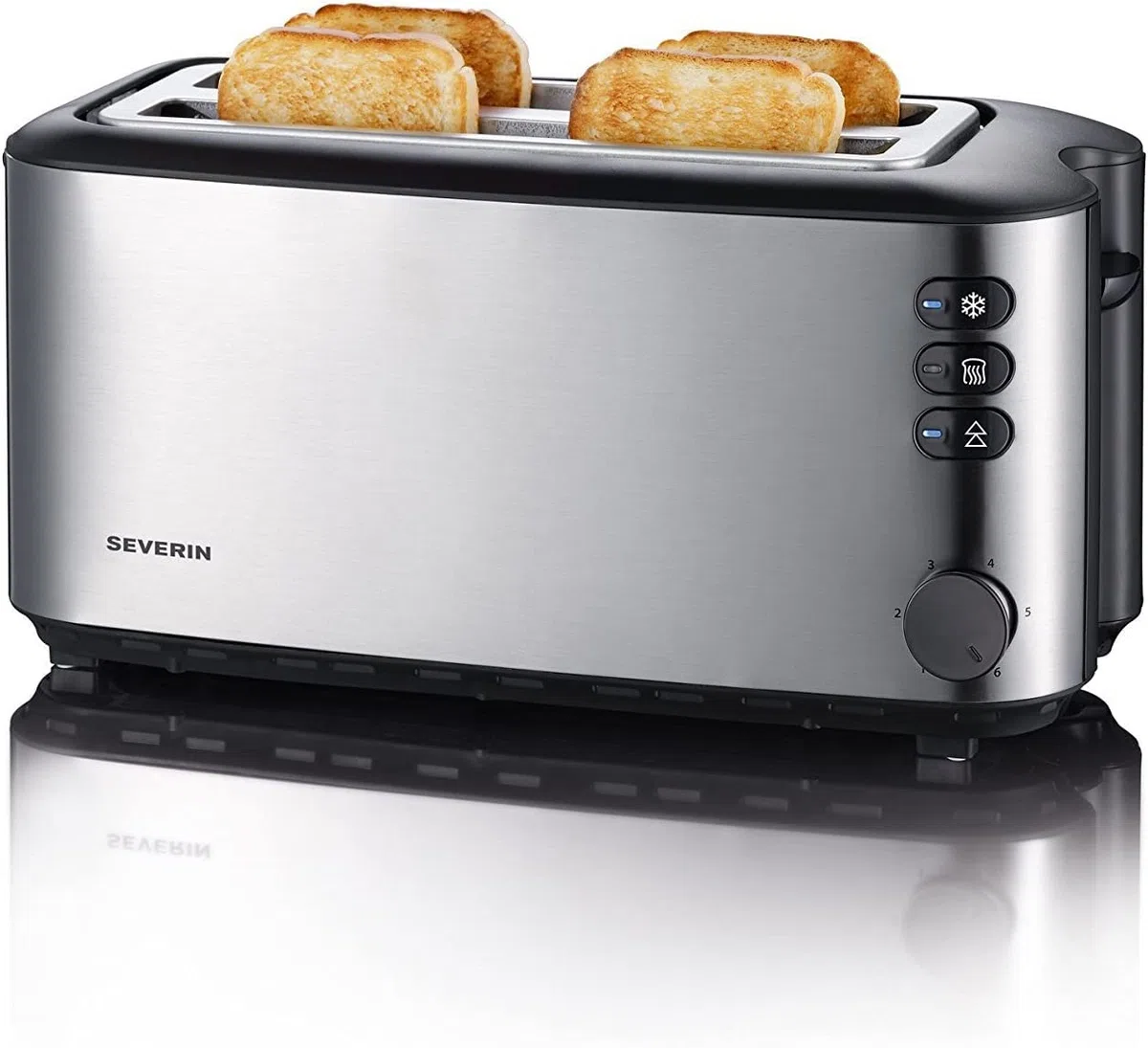 SEVERIN Tostapane 4 Fette Fessure Lunghe, 1400W, Acciaio Inox, Griglia Scaldapanini, Funzione Scongelamento, con Vassoio Raccoglibriciole, 39,7 x 15,7 x 18,5 cm, Nero/Argento - AT 2509