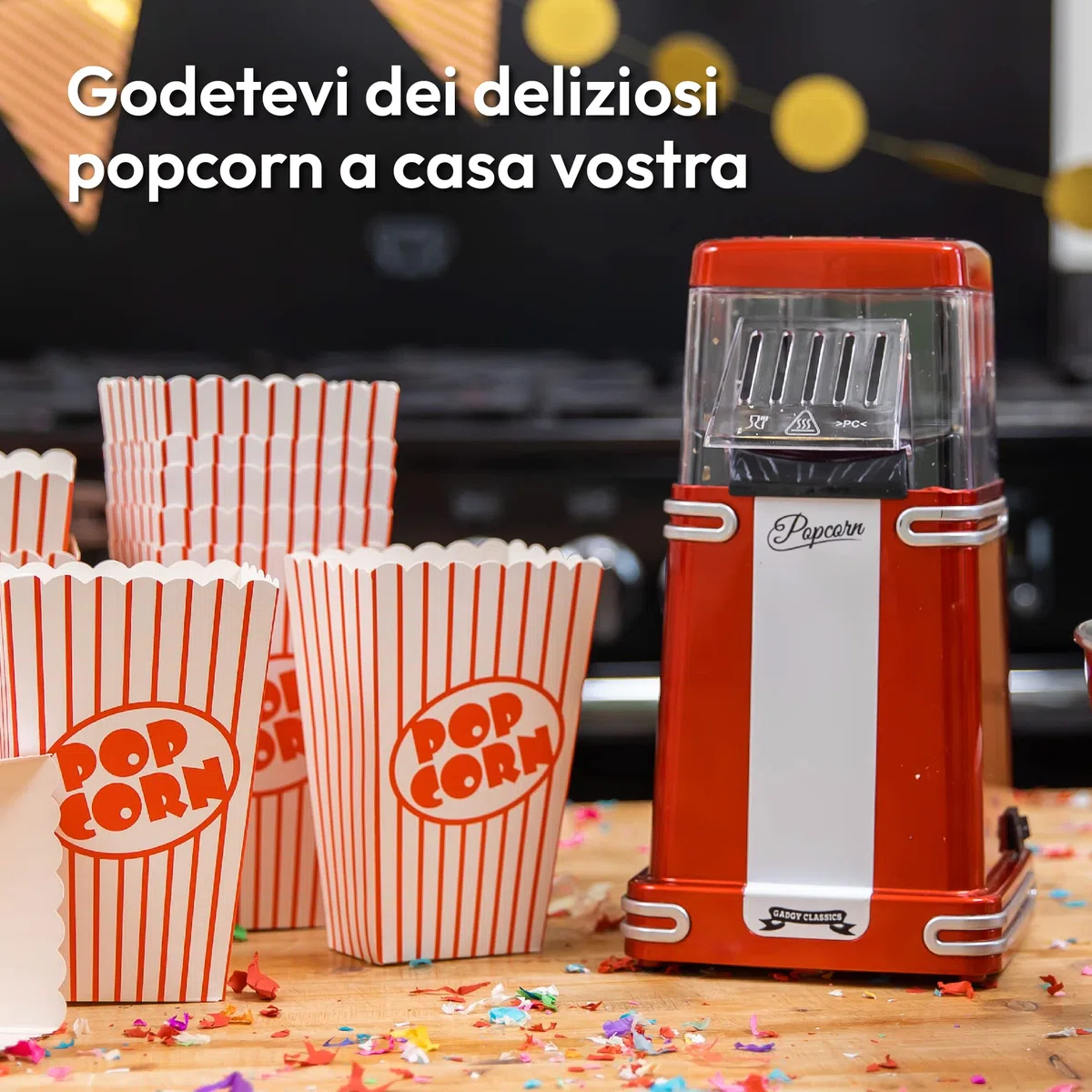 Gadgy Macchina Popcorn | Macchina per Pop Corn ad Aria Calda l Preparazione Salutare, Senza Olio o Grassi l 1200W Macchina Pop Corn con Misurino e Coperchio Superiore Rimovibile l Rosso Retrò