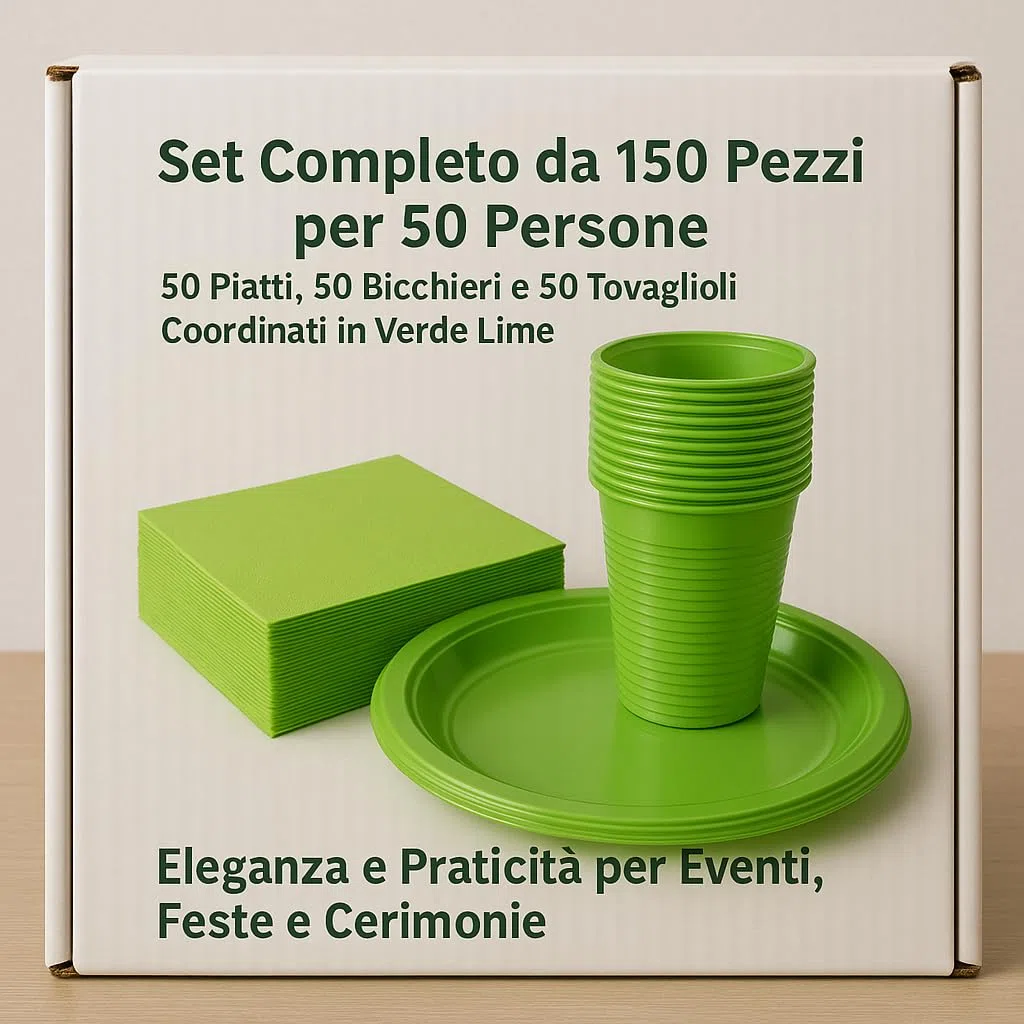 Generico Set Completo da 150 Pezzi per 50 Persone 50 Piatti, 50 Bicchieri e 50 Tovaglioli Coordinati in Verde Lime: Eleganza e Praticità per Eventi, Feste e Cerimonie