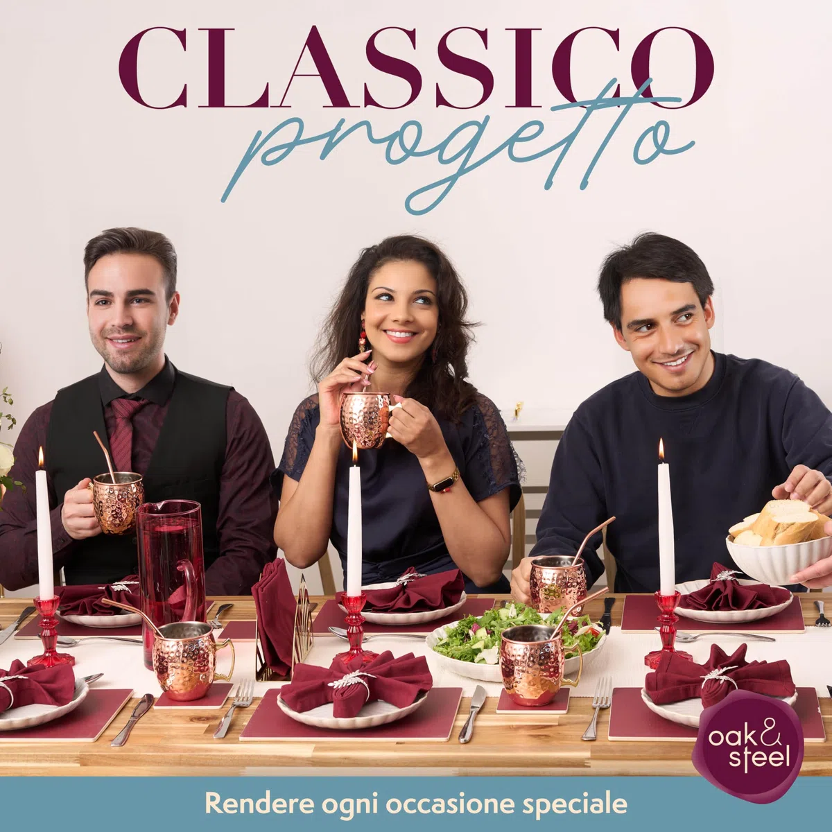 Oak & Steel - Confezione da 4 Esclusivi Bicchieri Moscow Mule in Rame con Spazzola in Acciaio Inossidabile e Cannuccia per Bevande Fredde