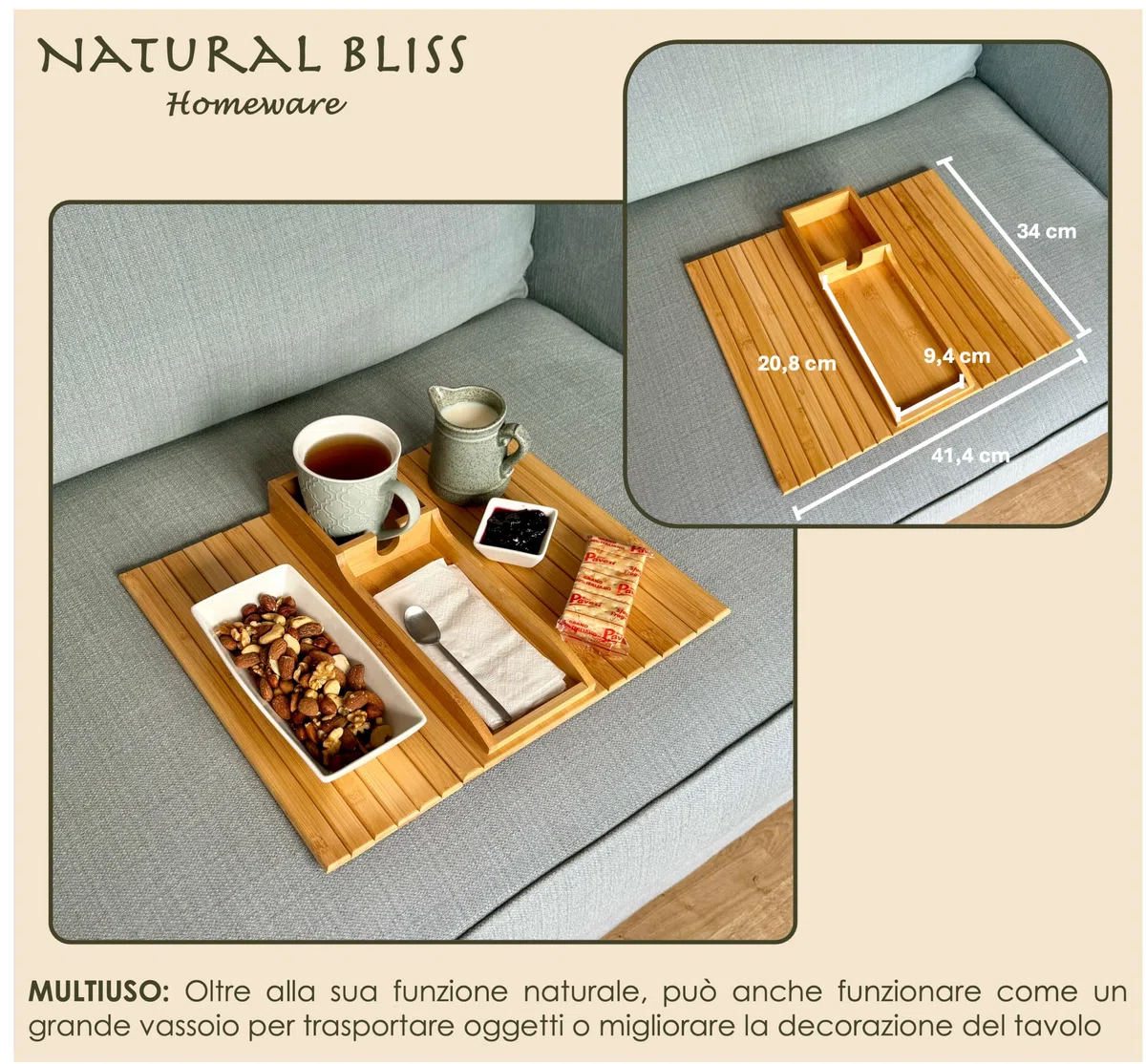 Natural Bliss Tavolino da Divano in bambù – Vassoio Portaoggetti per Bracciolo | Tavolo Flessibile, Pieghevole e Regolabile – Ideale per Tazze, Telecomandi e Cellulari