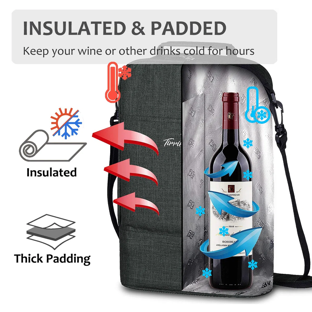 Kato Tirrinia - Borsa termica termica per 2 bottiglie di vino, per ristoranti BYOB, degustazione di vino, viaggi, parco, spiaggia, ottimo regalo per gli amanti del vino
