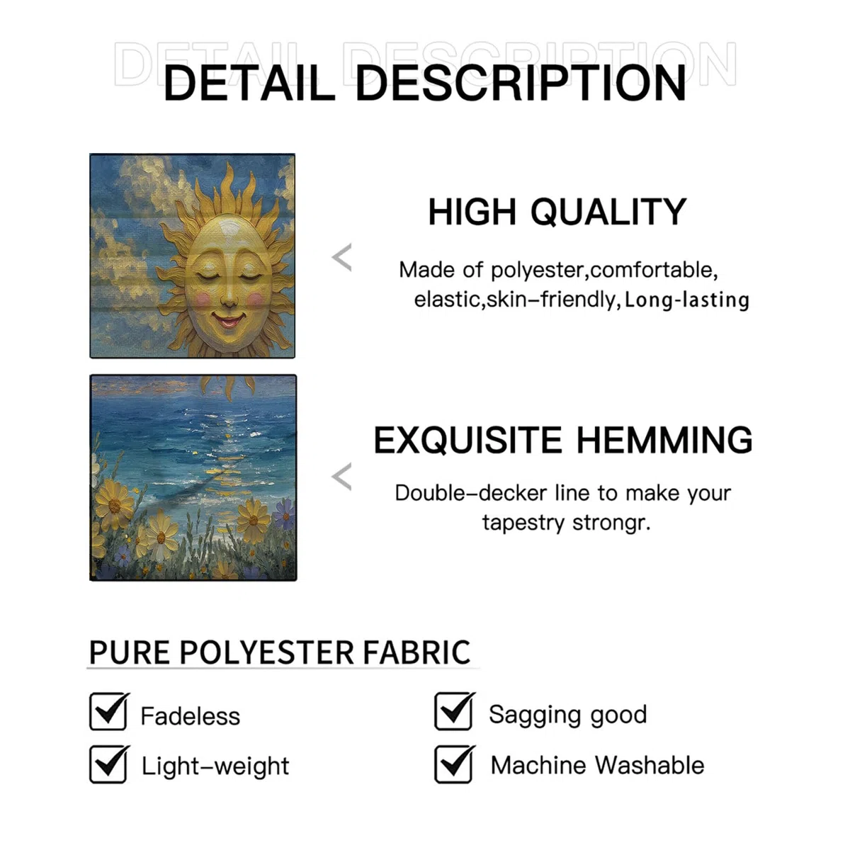 Arazzo Paesaggio Marino,da appendere alla parete,Arazzo Dipinto Olio Raffigurante Un Sole Sorridente Una Spiaggia Fiori da Parete per Dormitorio,Camera da Letto e Soggiorno,230x180cm,giallo verde