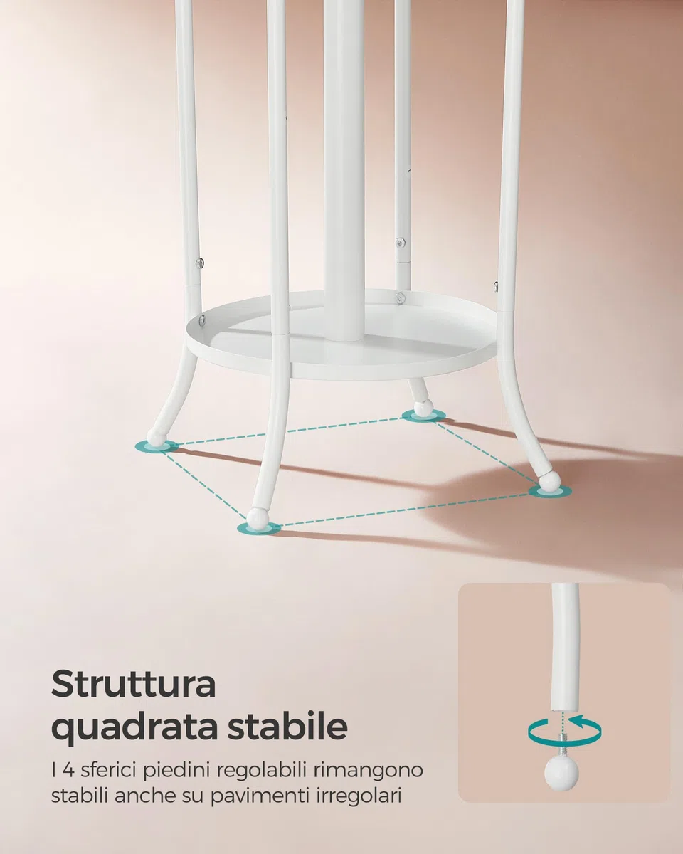 SONGMICS Appendiabiti da Terra, Attaccapanni con Portaombrelli, 12 Ganci, Struttura in Metallo, Alto 175 cm, per Ingresso Entrata Soggiorno Camera da Letto, Bianco Perla RCR011W01