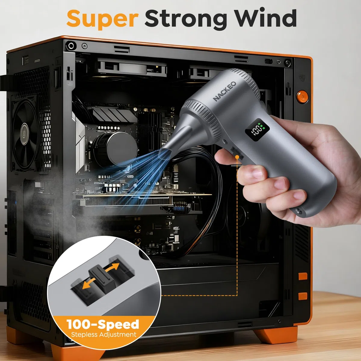 Compressore Aria Portatile, 230.000RPM Soffiatore Aria Compressa, 100 Livelli di Velocità Regolabili, Mini Soffiatore a Batteria con Luce LED e Display,Soffiatore per la Polvere per Casa,Auto,Esterni