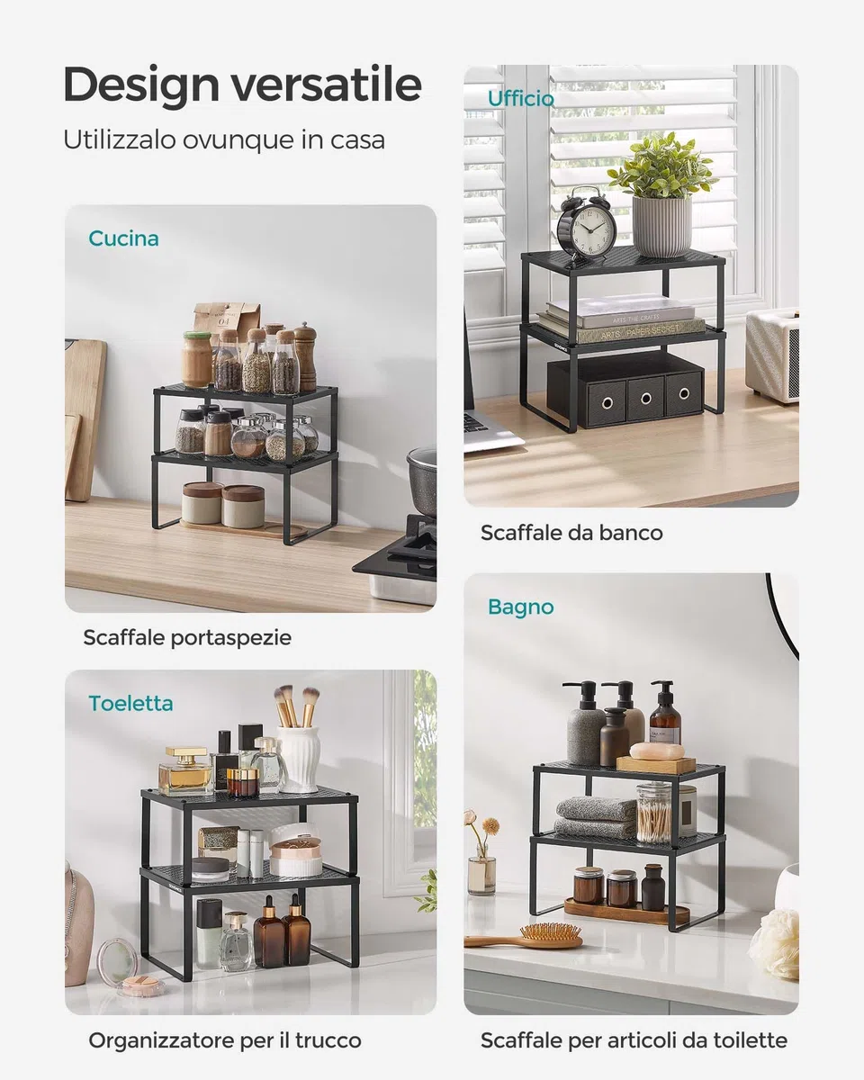 SONGMICS Scaffale Portaspezie, Set di 4 Organizzatori da Cucina Espandibili, Scaffale da Cucina Impilabile, Metallo, Nero Inchiostro KCS006B01