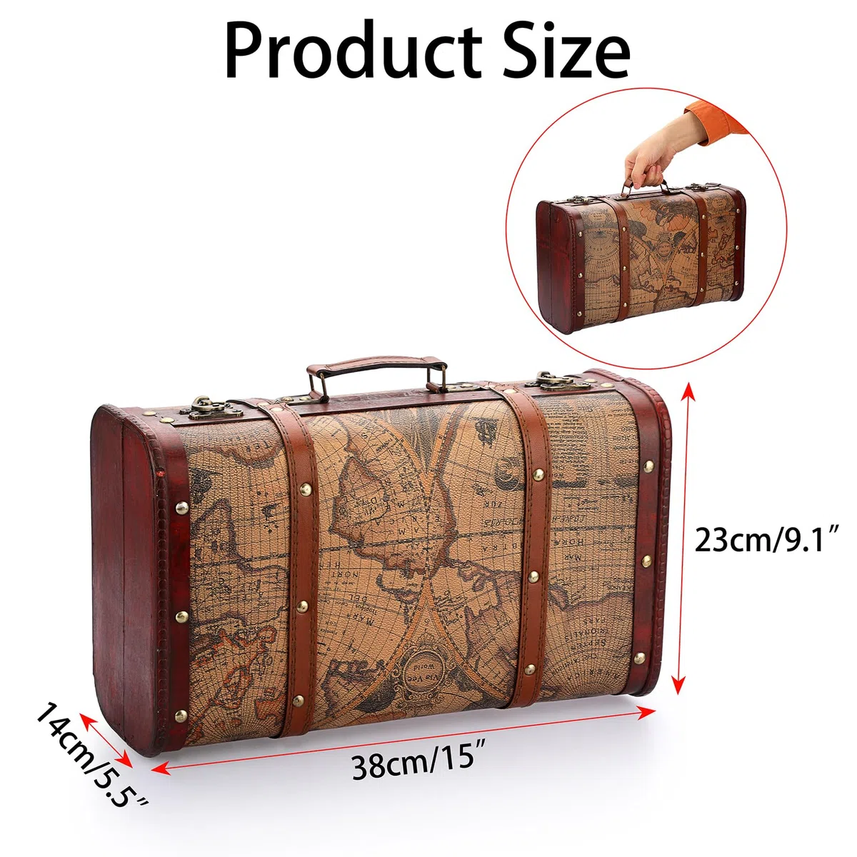 Scatola di Legno Vintage in Pelle Valigetta Bagagli con Manico a Mano, 38 x 23 x 14 cm, Scrigno Multiuso del Tesoro Valigetta per Ornamento, Regali di Denaro, Viaggi, Fotografia, Compleanni