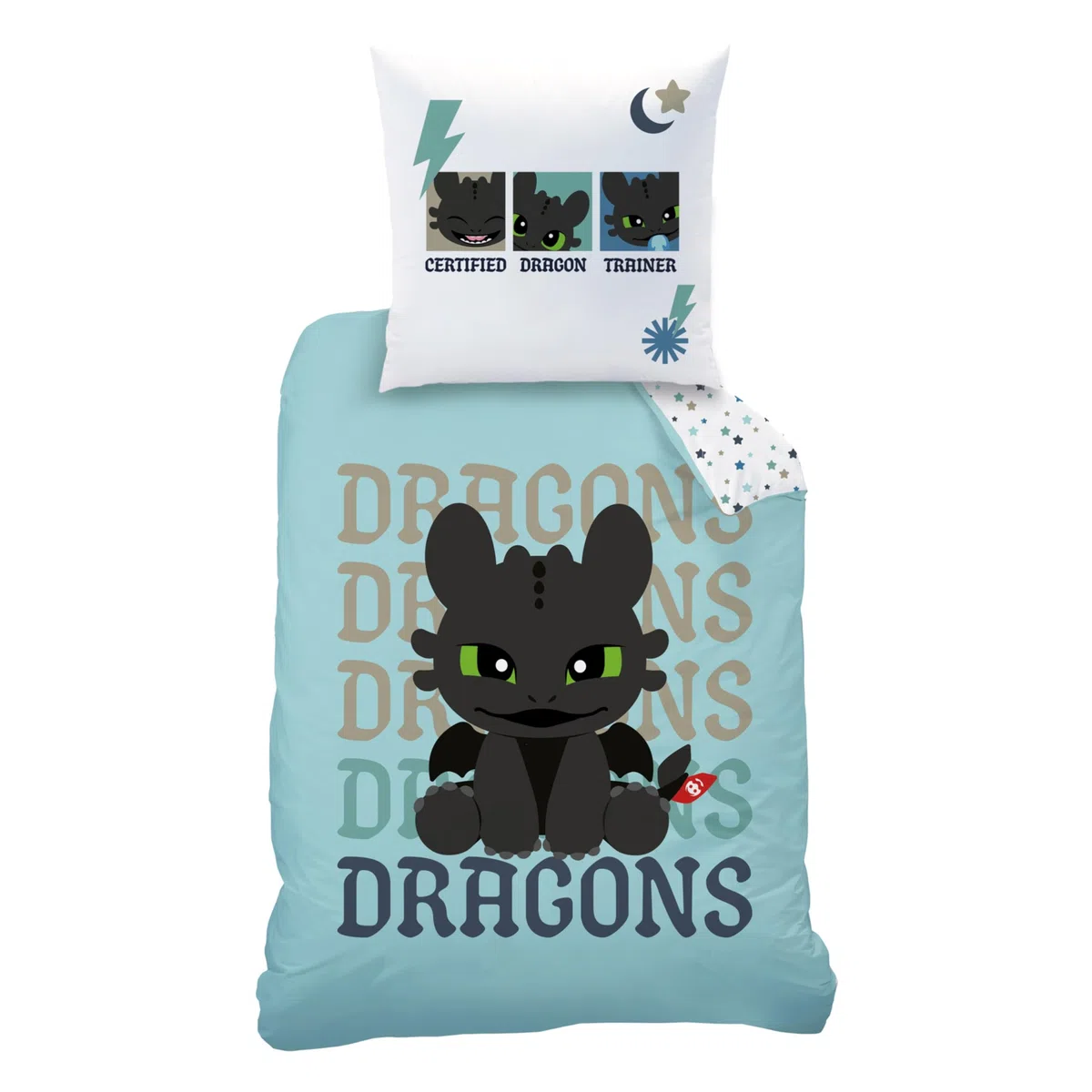 MTOnlinehandel Biancheria da letto Dragons 135 x 200 + 80 x 80 cm, biancheria da letto per bambini, 100% cotone, motivo reversibile, set di biancheria da letto per ragazzi, chiusura lampo, idea regalo