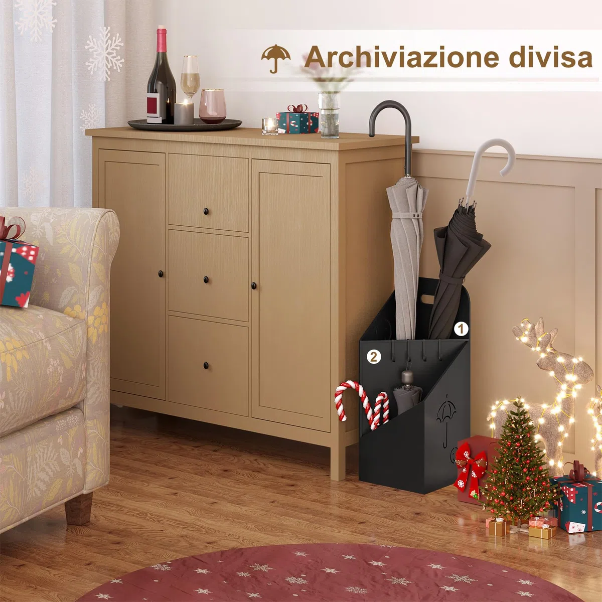 WOLTU Portaombrelli con 4 Ganci e 2 Aree Separate, in Metallo Antiruggine, con Design a Conca e Sorriso, per Corridoio, Ingresso, Nero