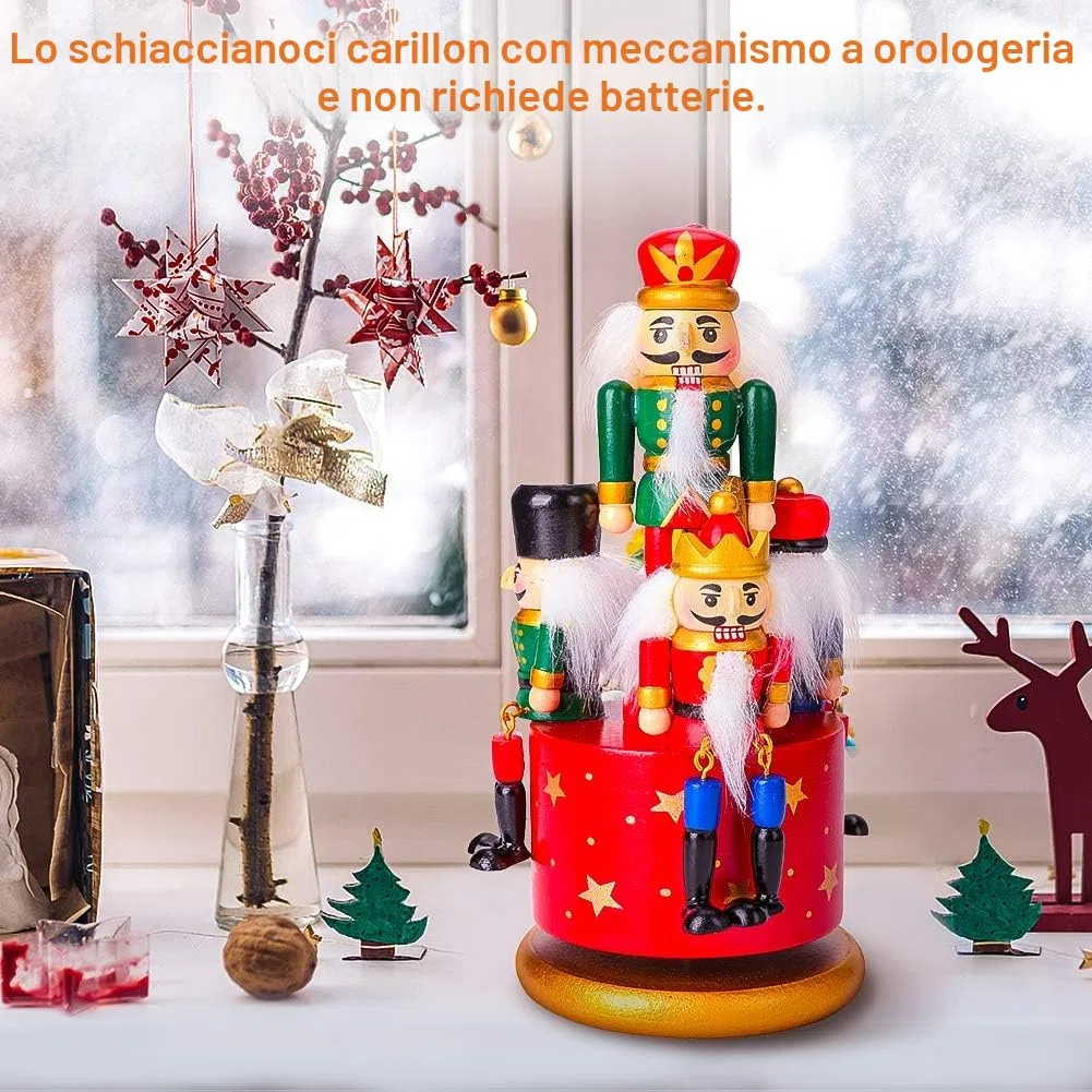 Carillon in legno per schiaccianoci con 4 soldati, con meccanismo a orologio e base rotonda per decorazione domestica, decorazione per festival decorazioni natalizie idea regalo 21 cm(Rosso)
