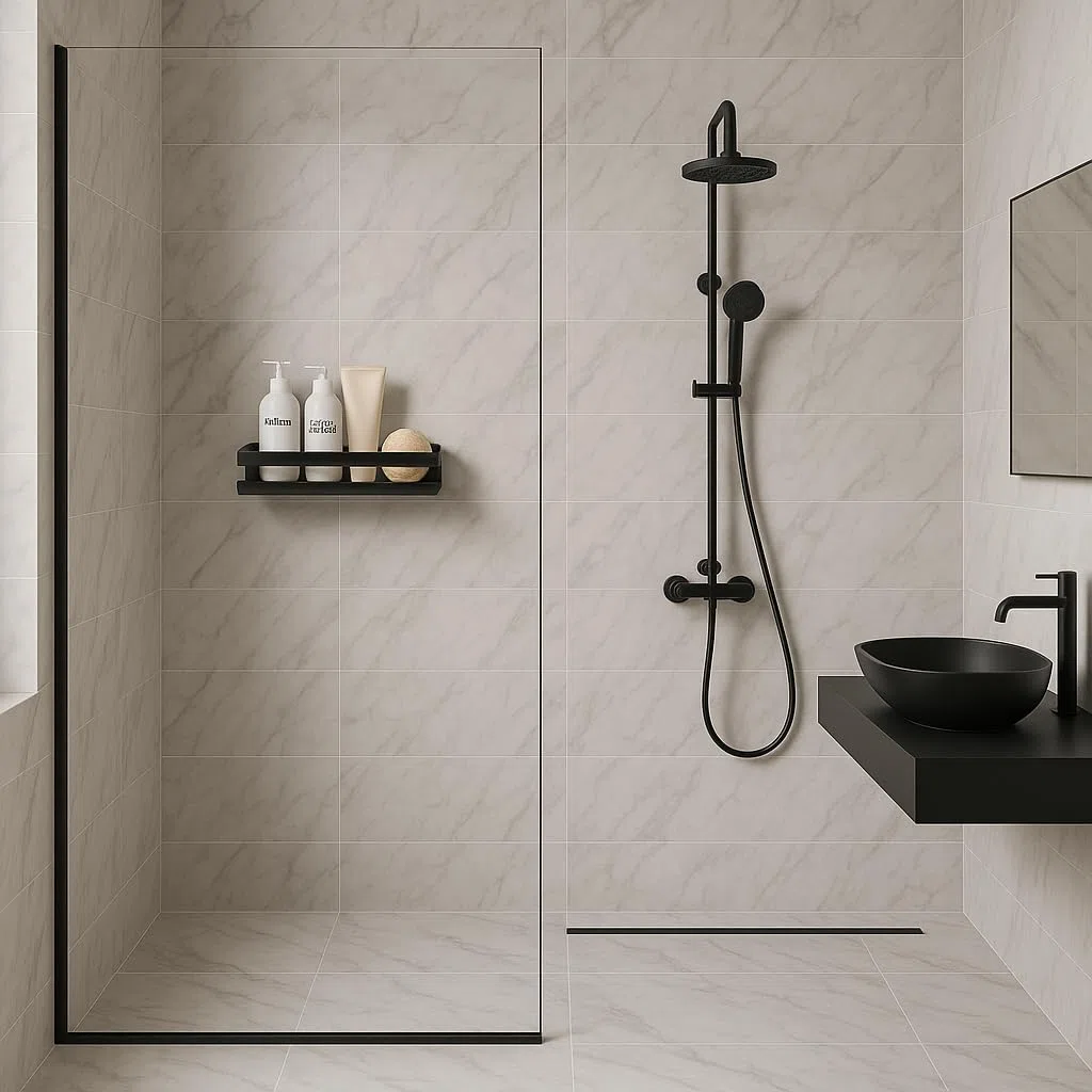Cesto Doccia - Mensola Bagno - Organizer Bagno - Mensola Doccia - Mensola Shampoo -Senza Foratura (Nero, 30 CM)