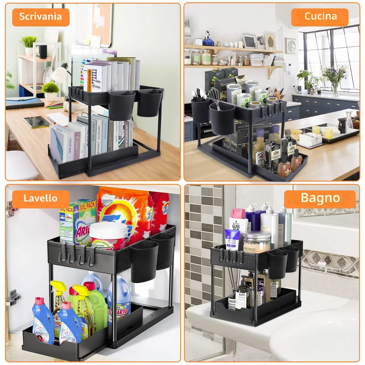 Organizer Sottolavello Cucina a 2 Livelli Organizer Bagno Portaoggetti 4 Cuscinetti Antiscivolo e 4 Ganci 2 Tazze Sospese Portaoggetti Scorrevole Rimovibile Adatto Per La Cucina Del Bagno