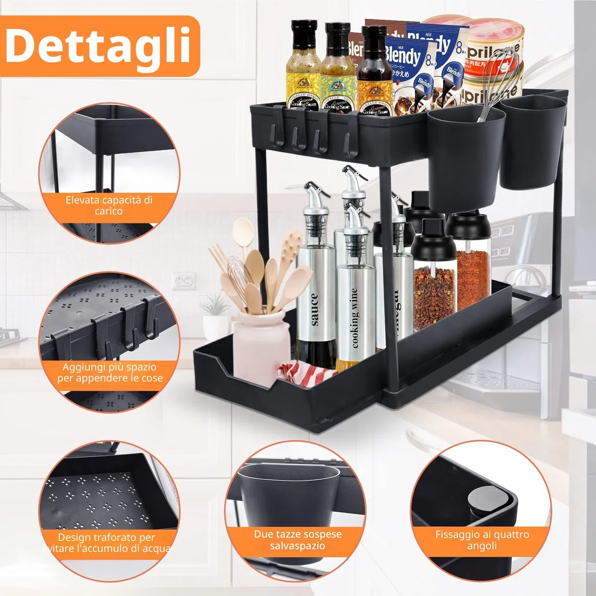 Organizer Sottolavello Cucina a 2 Livelli Organizer Bagno Portaoggetti 4 Cuscinetti Antiscivolo e 4 Ganci 2 Tazze Sospese Portaoggetti Scorrevole Rimovibile Adatto Per La Cucina Del Bagno