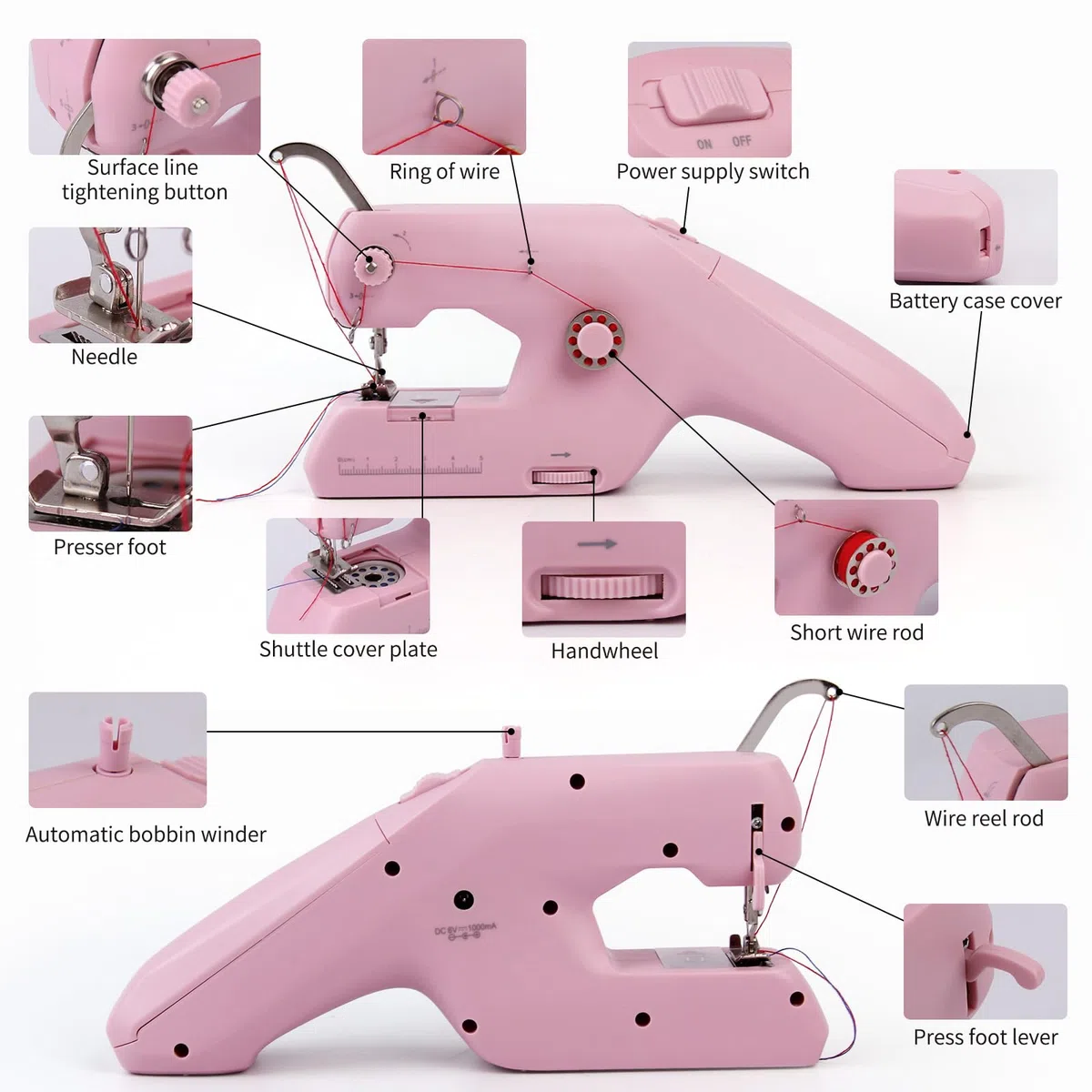 HKC Macchina da Cucire a Mano Elettrica Portatile - Doppio Filo Con Accessori per Principianti, Punto Veloce per Uso Domestico, Cucire Vestiti, Tende