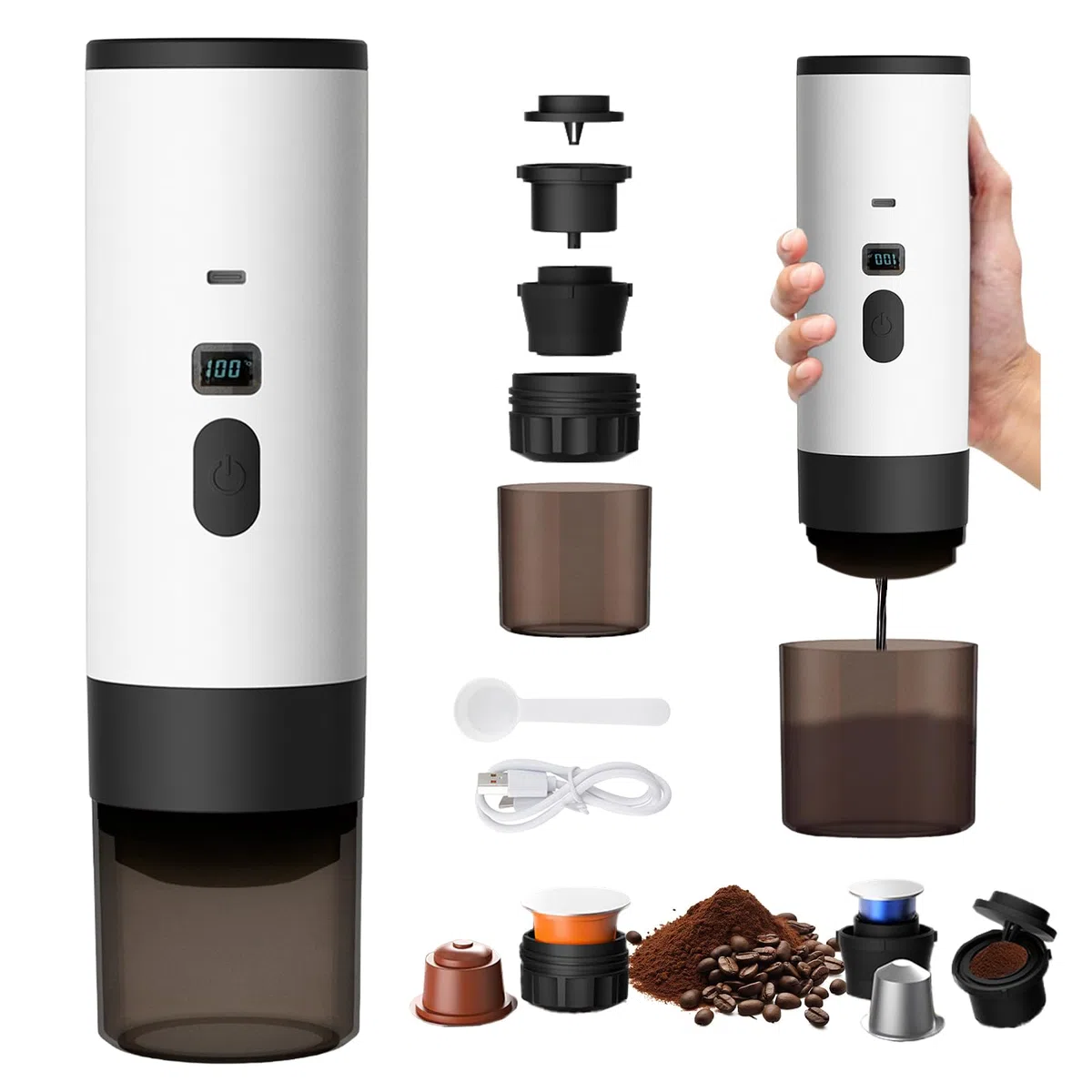 3 In 1 Macchina da Caffè Portatile, Macchina da Caffè Portatile, Grandi/Piccole Capsule/Caffè in Polvere, Riscaldamento Rapido 8-10min, Ricaricabile 12V, Per Casa, Ufficio, Campeggio, Viaggio