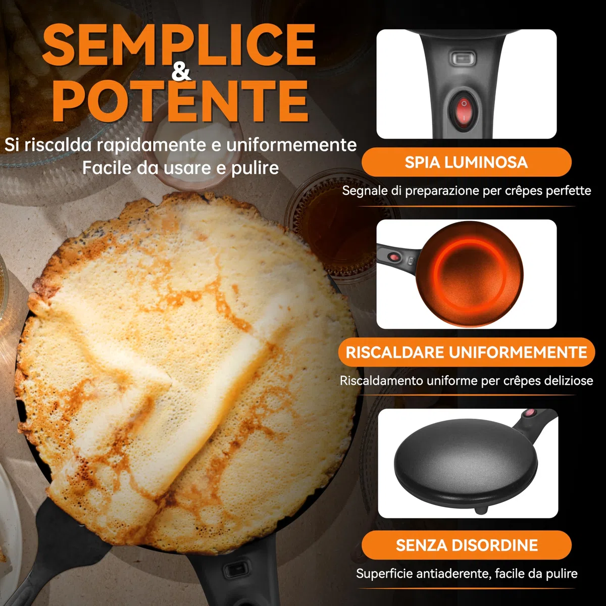 Baker's Friend Macchina per Crepes Instantanea, Padella per Crepes con Manico Anti-Scaldamento, Superficie Cottura Antiaderente da 20 cm, Regolazione Automatica della Temperatura, Grafite