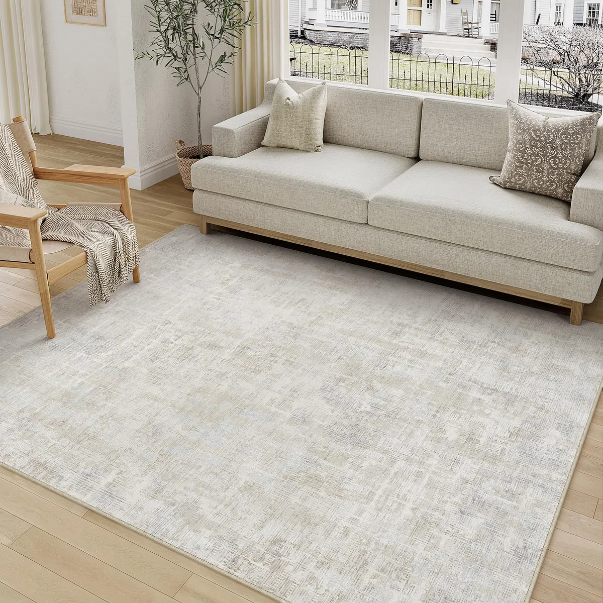 PureCozy Tappeto Salotto Tappeti 120x170cm Beige Lavabile in Lavatrice Antiscivolo Moderno Astratto Naturale Grande Carpet Cameretta Scendiletto Camera da Letto Ufficio Pelo Corto