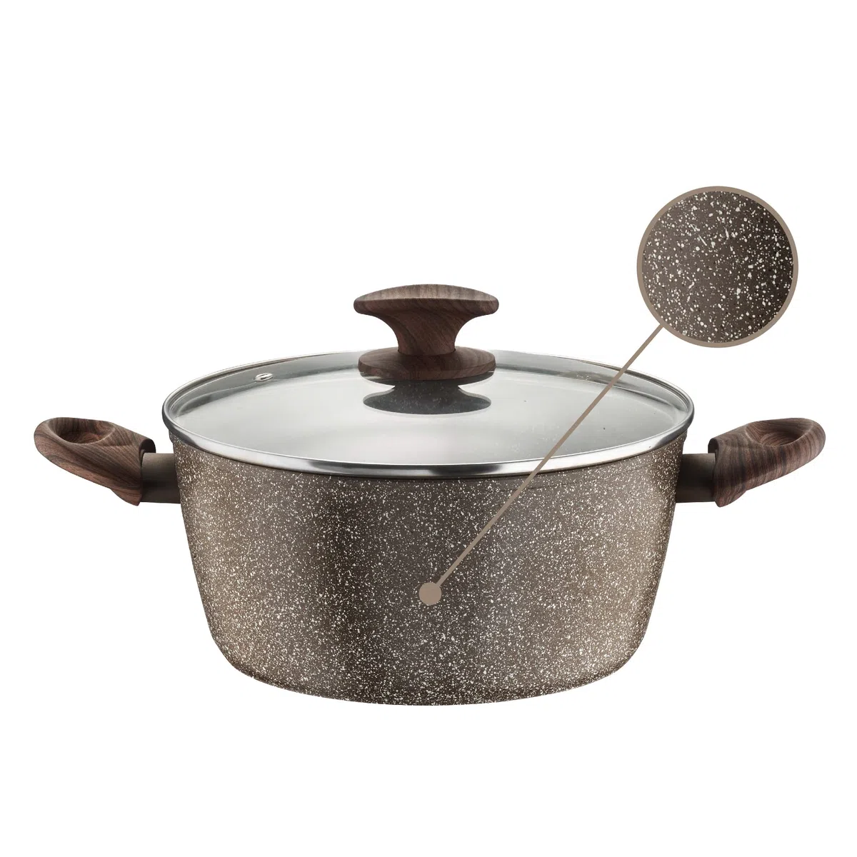 Pintinox Casseruola Alluminio Serie Natura, Antiaderente Effetto Pietra, Manico Effetto Legno, Coperchio in vetro con pomolo soft-touch effetto legno, Adatta all'Induzione, Diametro 20 cm