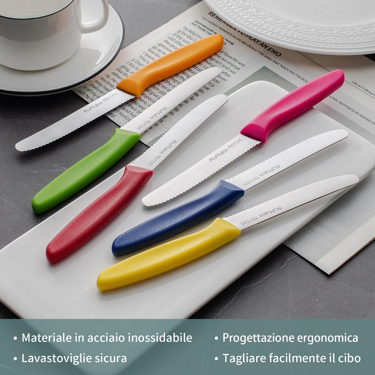 Set 6 pezzi di coltelli da tavola, robusti e durevoli, coltelli da cucina affilati, coltelli seghettati, coltelli da pane in acciaio inox, lavabili in lavastoviglie, colorati.